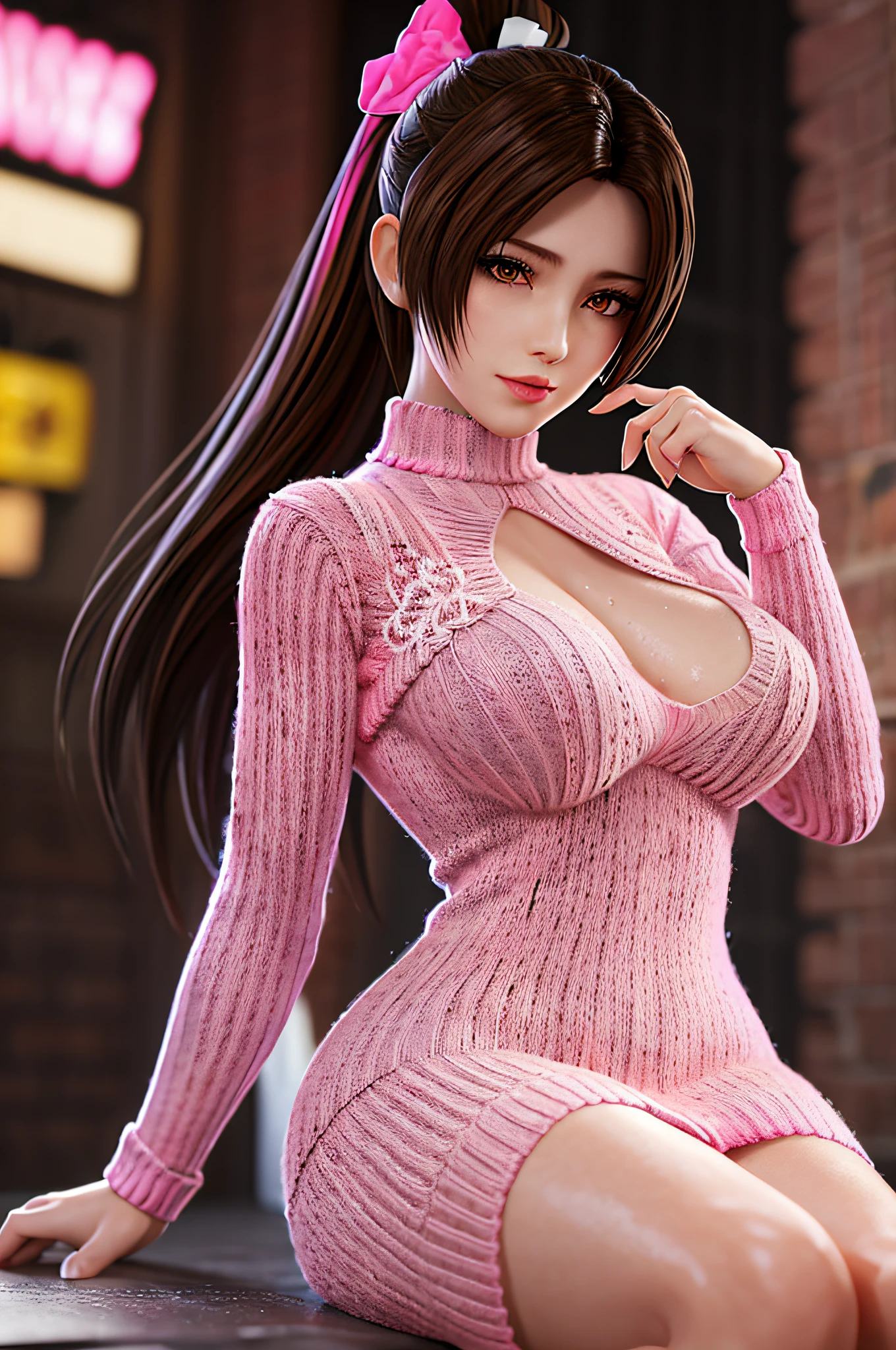 panorama,nighttime,(1girl),MaiShiranui ,jewelry,Brownish red hair,Shy, blushing,see-through,(Pink Mini Knit Dress:1.6),(((sweat ))), (Rose_tattoos :1.2) ,(((solo))),depth of field,(Masterpiece:1.5),(best quality:1.4),extremely detailed ，3D,Cinema-4D , 8k,Photorealistic ,( Charming female body), (gigantic breasts),Facing the camera, Pink lips,(((Finger details))),Subject centered,(((Extra hands))), (((extra legs))),