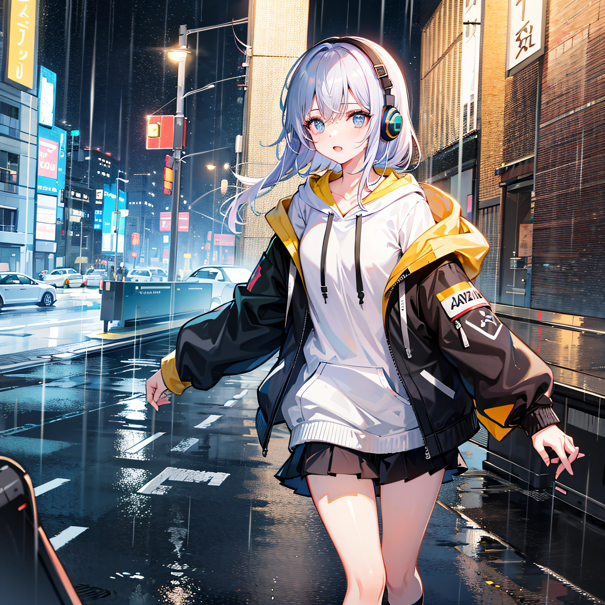 masterpiece,1girl,solo,incredibly absurdres,hoodie,headphones, street,outdoors,rain,neon lights,