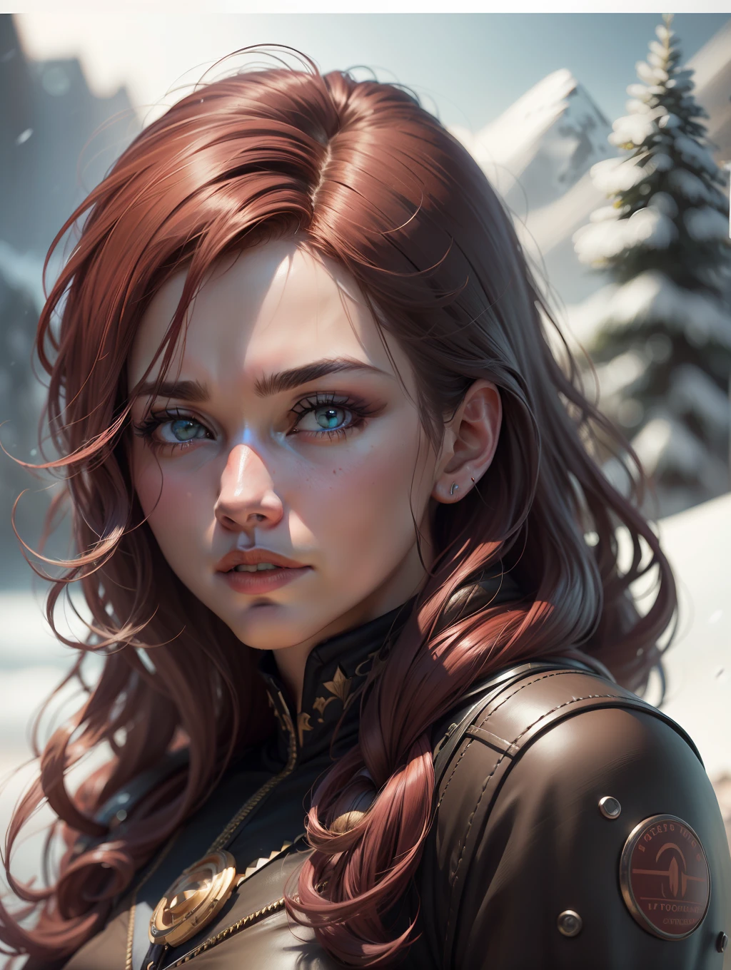 ultra realistic photography, perfectly centered top average shot 1woman dracinian mythology, reddish hair, high on a snowy mountain, looking at the viewer, fashion pose, extremely detailed eyes, detailed symmetrical realistic face, extremely detailed natural texture, detailed fuzz peach, messy hair, masterpiece, absurdists, photo awarded by lee jeffries, nikon d850 film stock photograph, kodak portra 400 camera F1.6 lens, Depth of Field, Extremely Detailed, Incredible, Fine Detail, Rich Colors, Hyper Realistic Texture, Dramatic Lighting, UnrealEngine, Trending On ArtStation, CineStill 800 Tungsten, Realistic Photo, RAW Photo, TanvirTamim, High Quality, Highres, Sharp Focus, Extremely Detailed, Cinematic Lighting, 8K UHD, High Definition, Cinematic, Neoprene, Behance Contest Winner, Unsplash Featured, CGSeteration, Unreal Engine 5, Ultra Sharp Focus