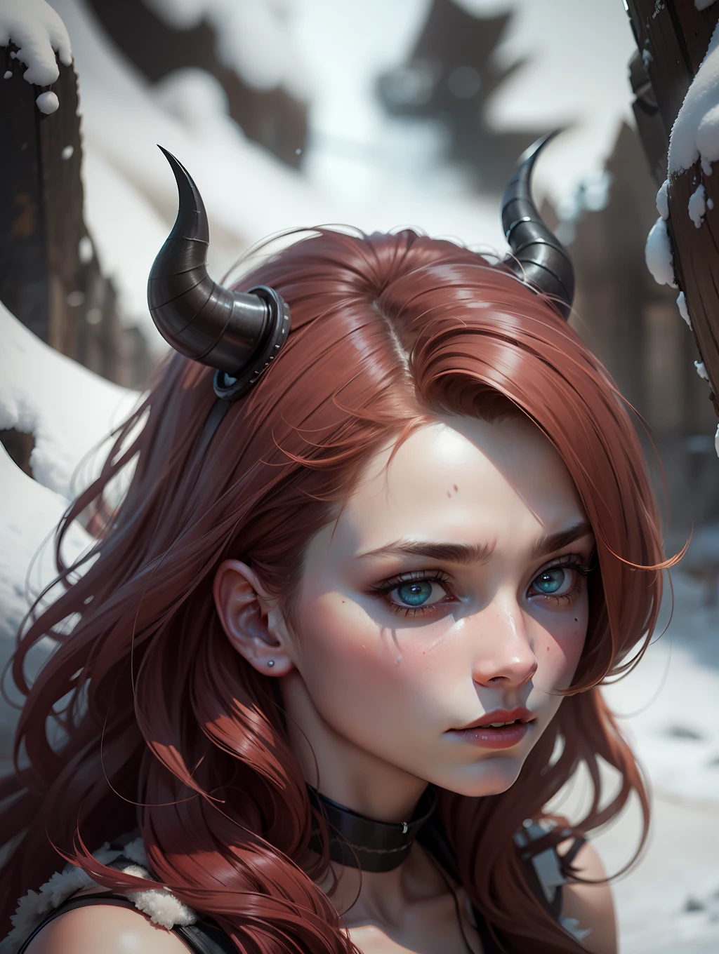 ultra realistic photography, perfectly centered top average shot 1woman dracinian mythology, reddish hair, high on a snowy mountain, looking at the viewer, fashion pose, extremely detailed eyes, detailed symmetrical realistic face, extremely detailed natural texture, detailed fuzz peach, messy hair, masterpiece, absurdists, photo awarded by lee jeffries, nikon d850 film stock photograph, kodak portra 400 camera F1.6 lens,  Depth of Field, Extremely Detailed, Incredible, Fine Detail, Rich Colors, Hyper Realistic Texture, Dramatic Lighting, UnrealEngine, Trending On ArtStation, CineStill 800 Tungsten, Realistic Photo, RAW Photo, TanvirTamim, High Quality, Highres, Sharp Focus, Extremely Detailed, Cinematic Lighting, 8K UHD, High Definition, Cinematic, Neoprene, Behance Contest Winner, Unsplash Featured, CGSeteration, Unreal Engine 5, Ultra Sharp Focus