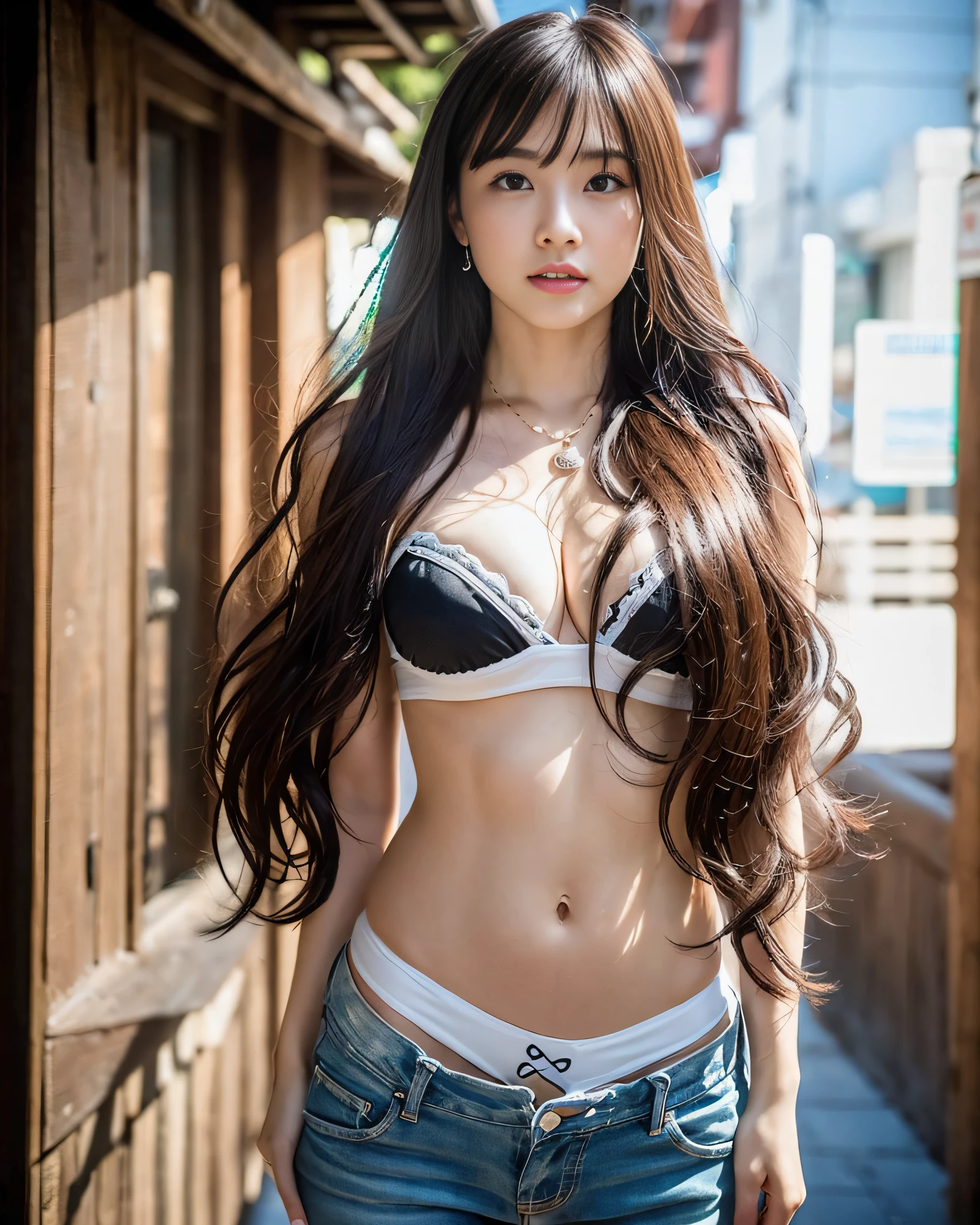 (8k, RAW photos, top quality, masterpiece: 1.2), super detail, ultra high resolution, (realistic, photoreal: 1.37), high definition RAW color photos, professional photos, depth of field, bokeh, realistic shadows, caustics, natural shading, photon mapping, movie lighting, HDR, Canon 50mm f1.2, ISO100, 1/250 second shutter, Very delicate and beautiful, highly detailed 8k wallpaper, amazing, detailed, huge file size, highly detailed CG Unity 8k wallpaper, official art, perfect artwork, production art, very detailed beautiful girl, very detailed face, very detailed eyes, very detailed skin, very detailed fingers, very detailed nose, very detailed mouth, perfect anatomy, very detailed background, very detailed clothes, very complex details, 1 girl, (20 years old: 1.2), cute girl, famous Japan idol, cute, (large: 1.2), cleavage, realistic figure, petite, fair skin, (slender figure), good figure, (light brown hair: 2), medium straight hair, (dull bangs: 1.2), smile, cute, young, cute face, cute face, Realistic face Beautiful detail eyes, drooping eyes, beautiful big eyes, big black eyes, beautiful clear eyes, (white micro bikini: 1.2), (very short denim pants: 1.5), necklace, earrings, watch viewer, (cowboy shots: 2), facing the front (sexy pose: 1.6), contrapposto, (seaside, beach: 1.5), soft lighting,