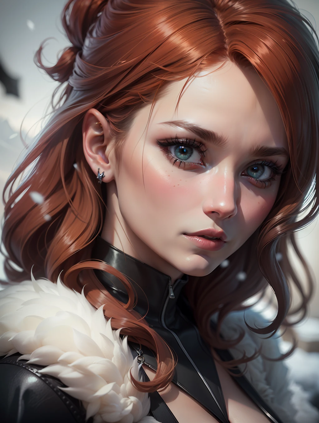 ultra realistic photography, perfectly centered top average shot 1woman dracinian mythology, reddish hair, high on a snowy mountain, looking at the viewer, fashion pose, extremely detailed eyes, detailed symmetrical realistic face, extremely detailed natural texture, detailed fuzz peach, messy hair, masterpiece, absurdists, photo awarded by lee jeffries, nikon d850 film stock photograph, kodak portra 400 camera F1.6 lens, Depth of Field, Extremely Detailed, Incredible, Fine Detail, Rich Colors, Hyper Realistic Texture, Dramatic Lighting, UnrealEngine, Trending On ArtStation, CineStill 800 Tungsten, Realistic Photo, RAW Photo, TanvirTamim, High Quality, Highres, Sharp Focus, Extremely Detailed, Cinematic Lighting, 8K UHD, High Definition, Cinematic, Neoprene, Behance Contest Winner, Unsplash Featured, CGSeteration, Unreal Engine 5, Ultra Sharp Focus