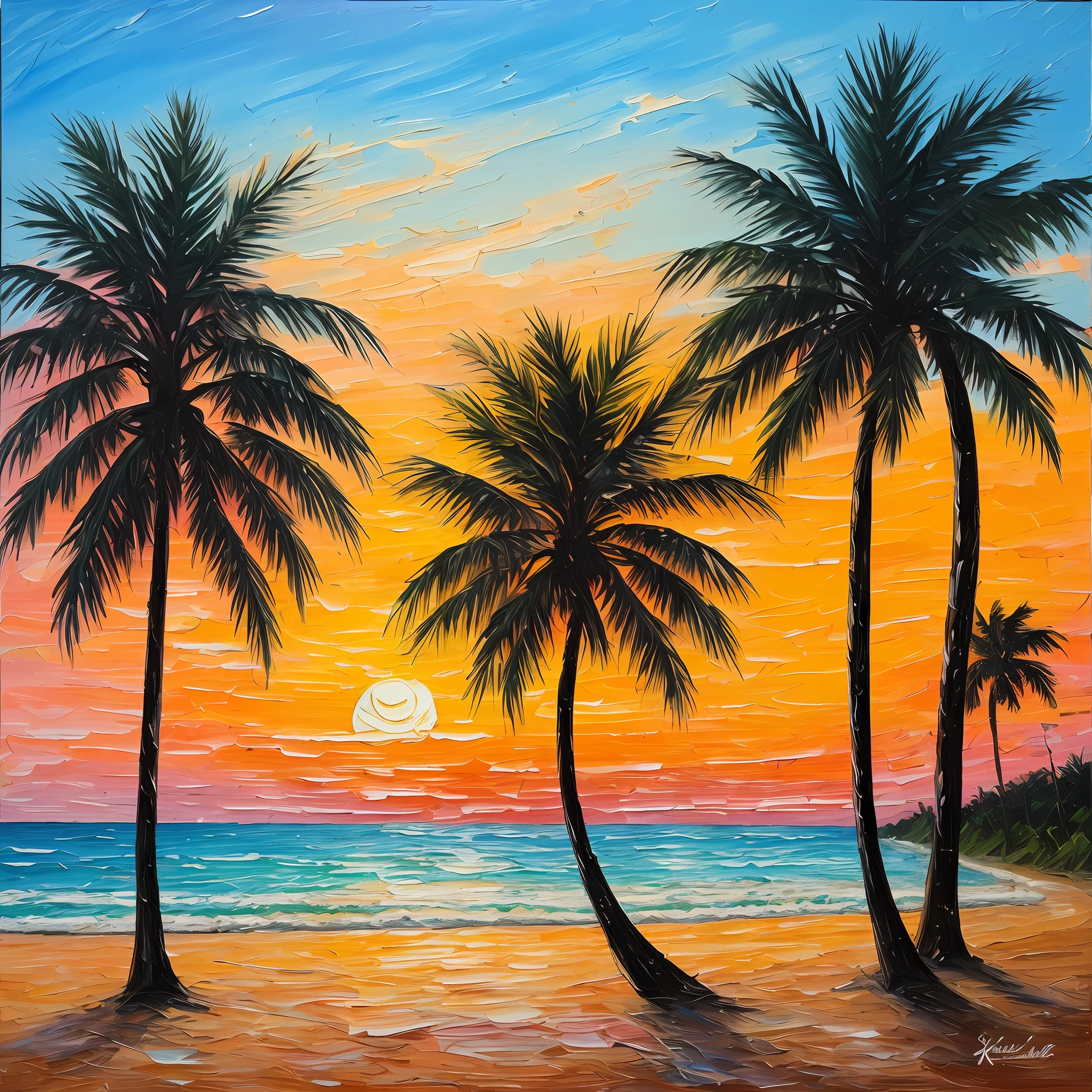 Crude and raw oil painting Thick brush texture bright colors blue and pink, sunset, summer scenery, beach, waves, palm trees --auto