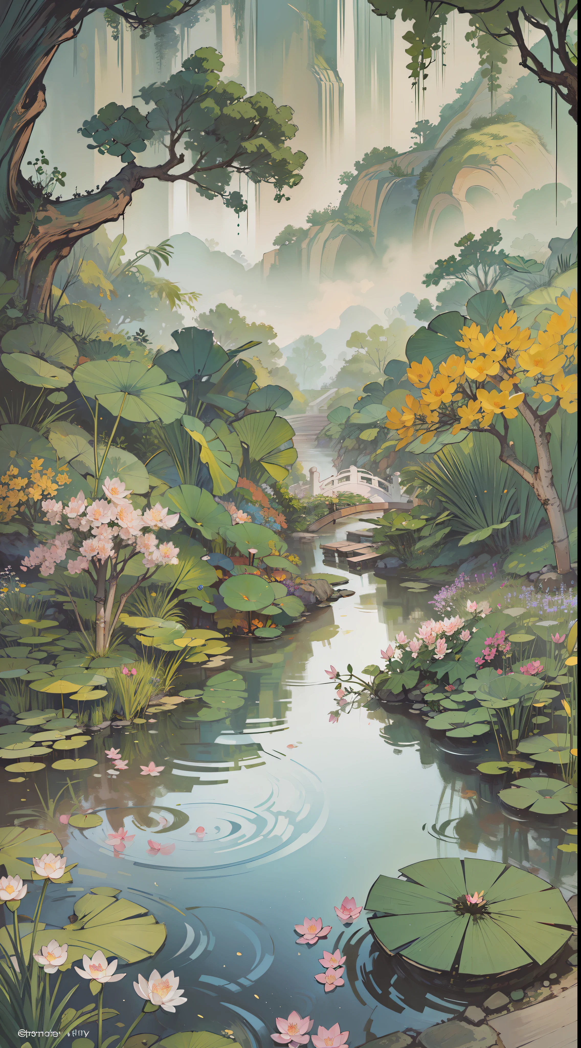 ((Best quality, masterpiece: 1.2)), CG, 8K, intricate details, cinematic perspective, (no one around), (Ancient Chinese garden), pond filled with lotus flowers, rocks, flowers, bamboo forests, waterfalls, wooded areas, small bridges spanning babbling streams, detailed foliage and flowers, (sunlight shining, sparkling waves), peaceful and serene atmosphere, ((soft and elegant colors)), ((exquisitely crafted composition))