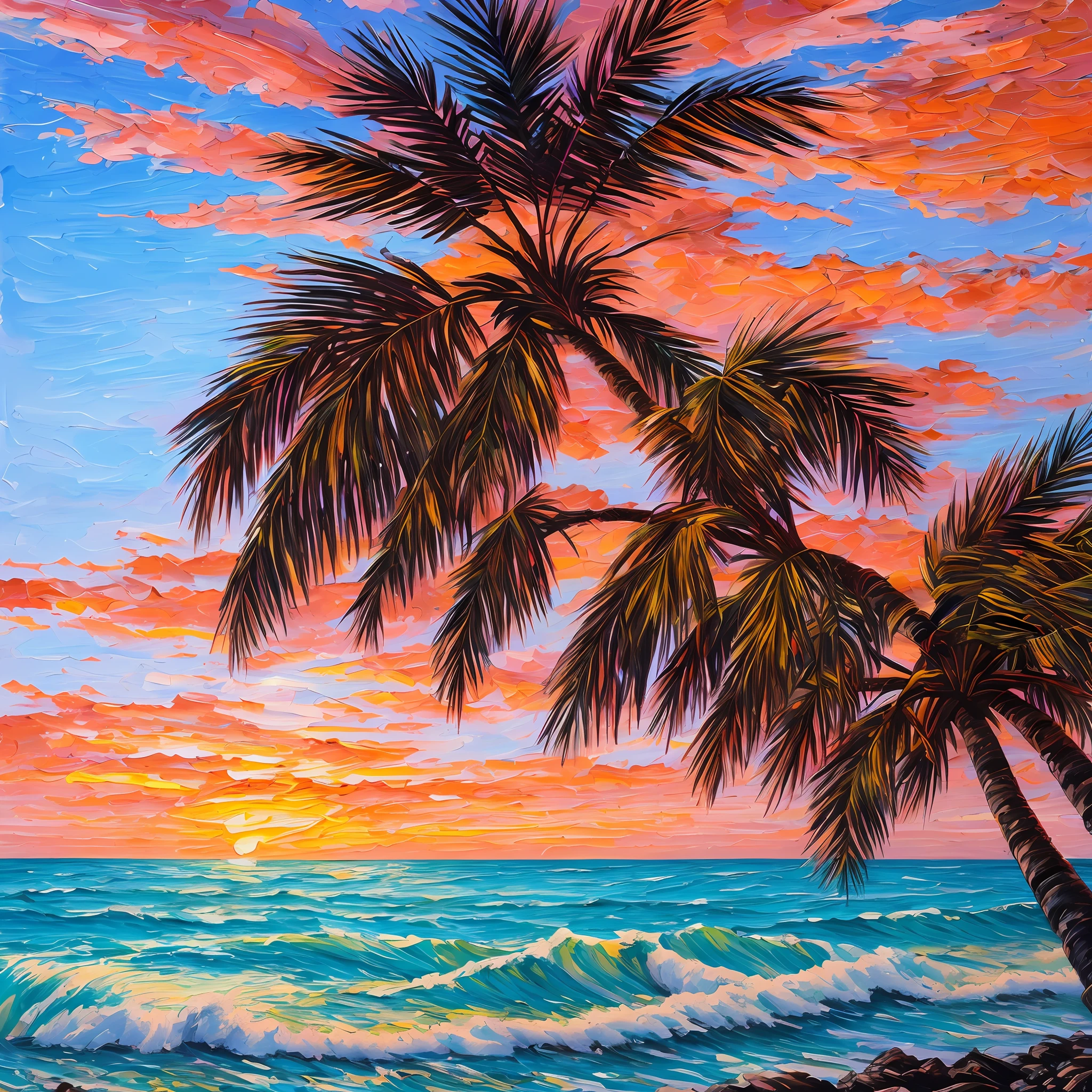 Crude and raw oil painting Thick brush texture bright colors blue and pink, sunset, summer scenery, beach, waves, palm trees --auto