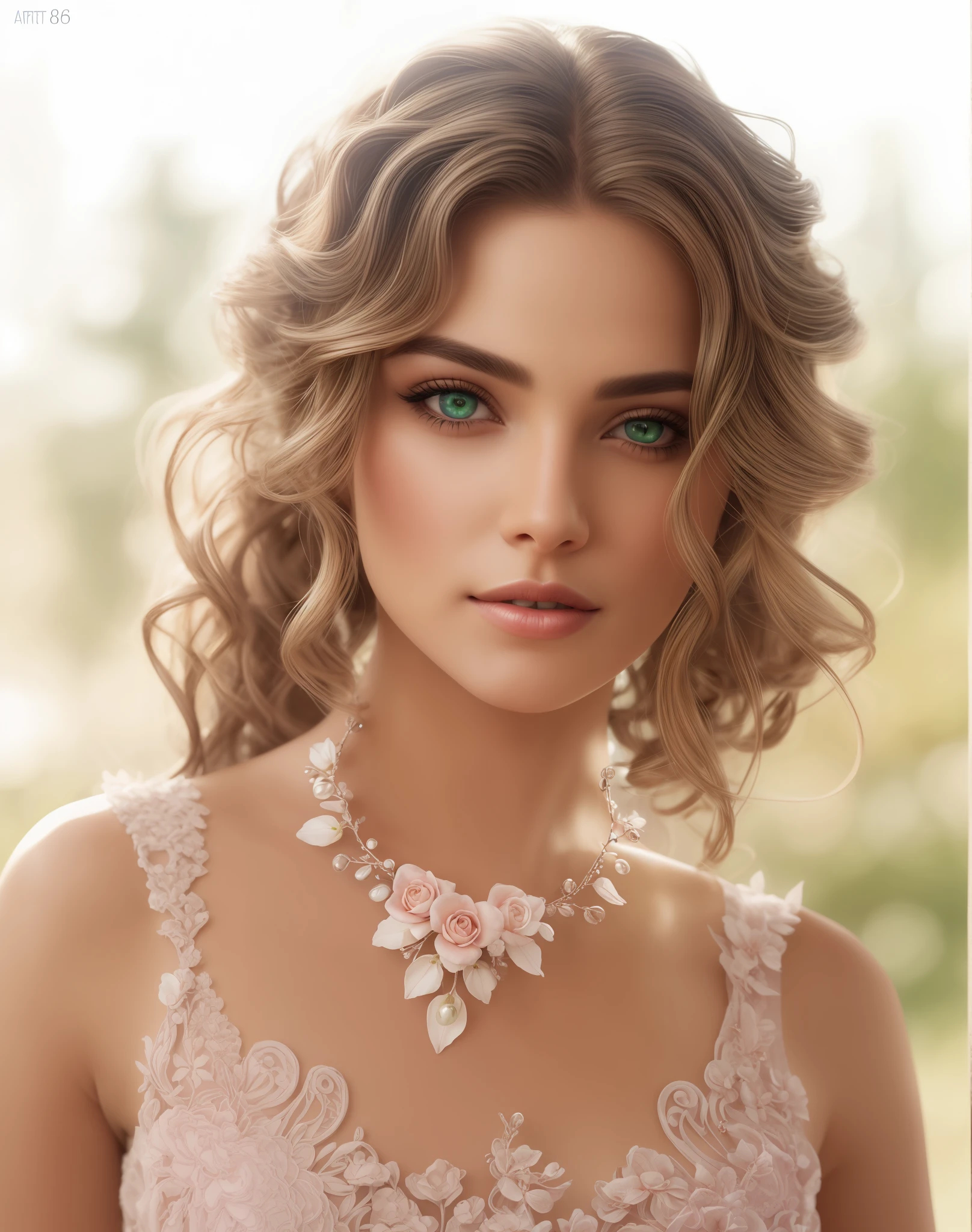 portrait of the goddess of beauty, cinematic lighting, depth of field, bokeh, realism, photorealistic, hyperrealism, professional photography, uhd, dslr, HDR, Beautiful intricate curly hair, extremely detailed curly hair, Masterpiece, best quality, RAW professional photography, extremely detailed close-up portrait of a handsome woman, extremely detailed face, dslr, nikon d850 film stock photograph, photorealism, background is a smooth nature, extremely detailed intricate Brown curly hair, lush hair, long hair, disheveled hair, Uncombed hair, finely illustrated hairstyle, fantasy, shining hair, live-like textured hair, ultradetailed eyes, skin pores, skin texture, smile, extremely detailed green eyes, round irises, Clear cheekbones, light blush, light Pink lipstick, contouring of facial features, illustration, dramatic lighting, volumetric light, ray tracing, head and Correct shoulders, wearing beautiful intricately detailed lace dress, trending on artstation, cgsociety, concept art, smooth, sharp focus,