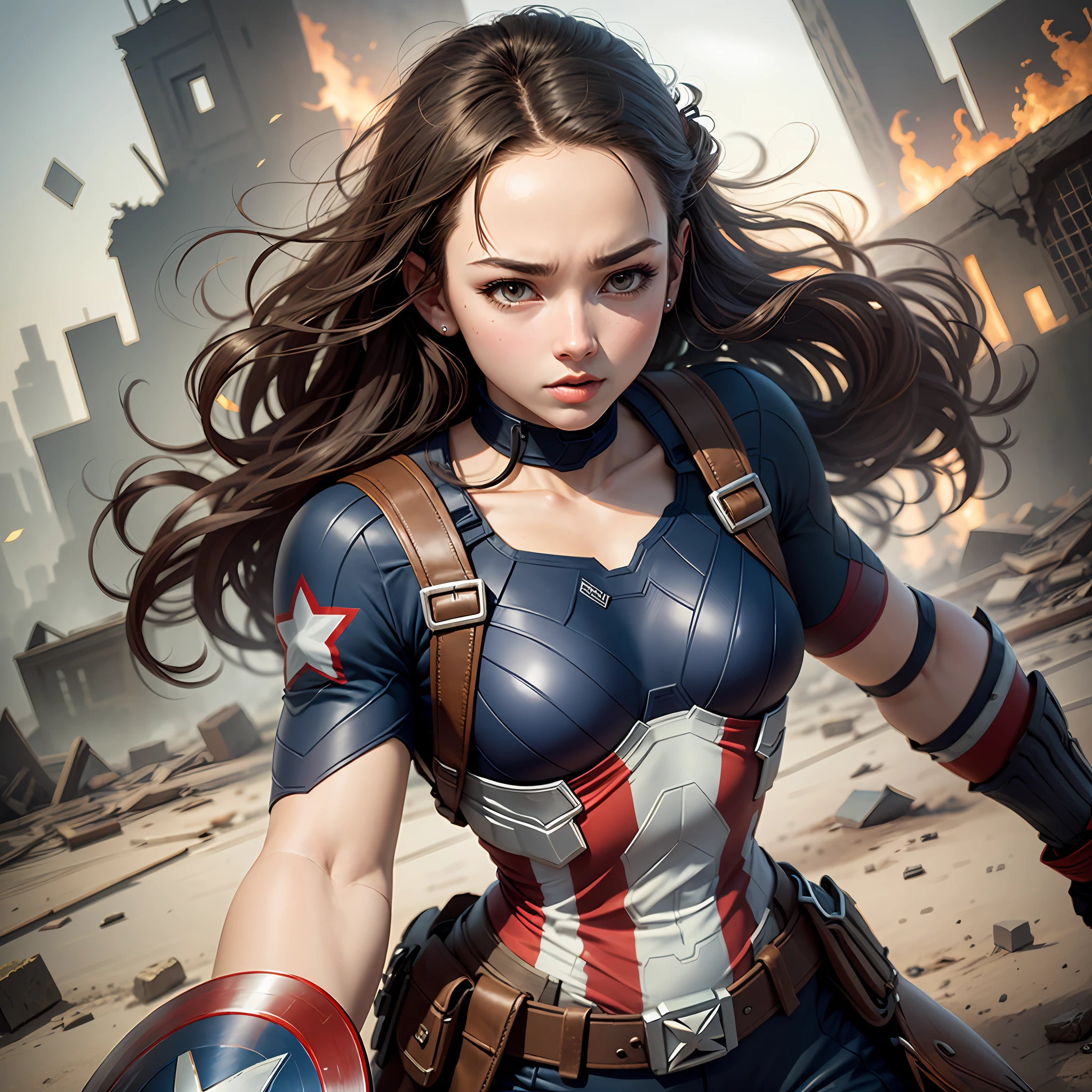 Female version of Captain America, face equal to Nezuko background mechanical ruins --auto --s2