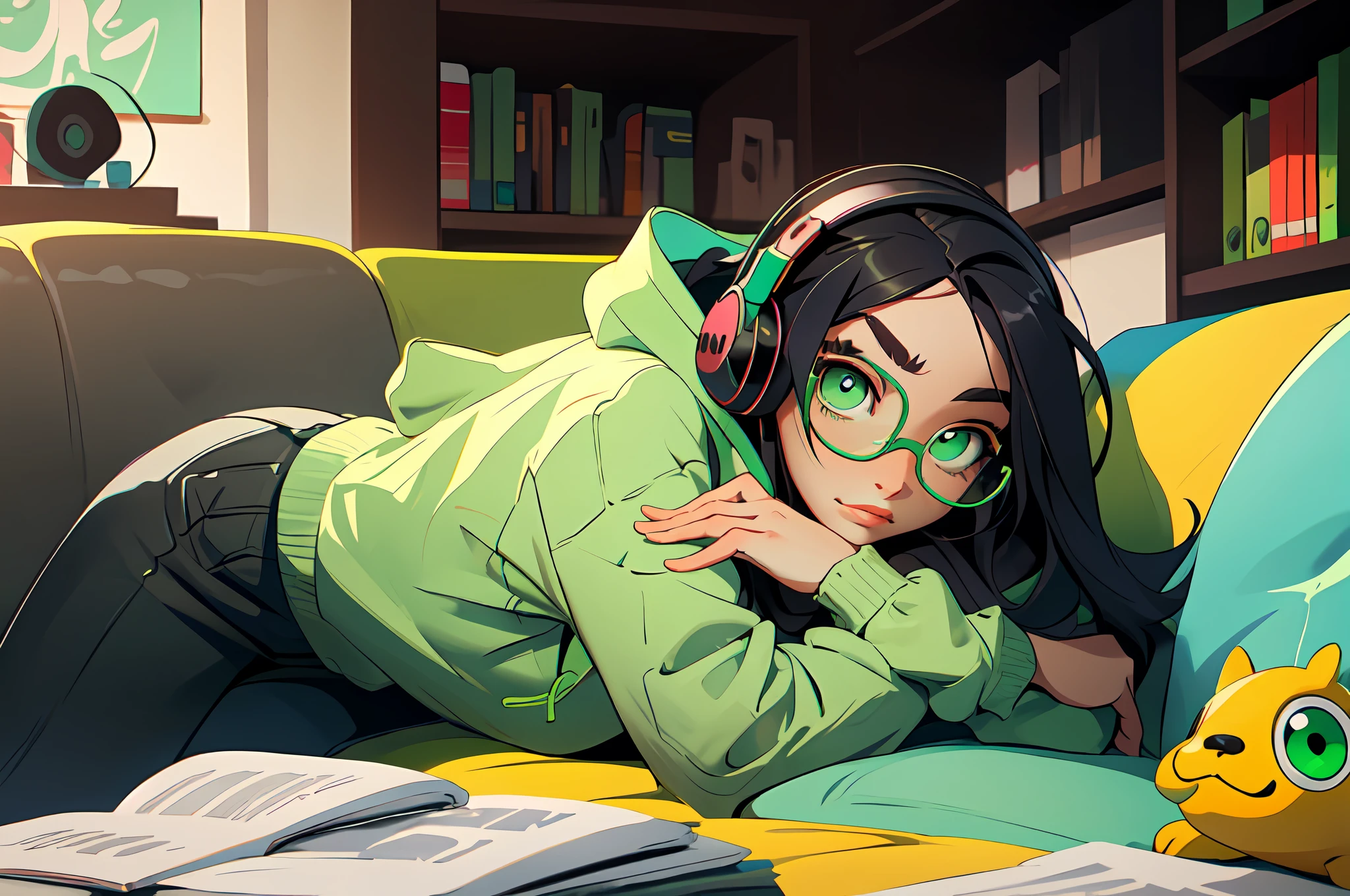 (masterpiece, best quality), 1girl, long hair, headphones, green eyes, glasses, green hoodie, room, detailed eyes, sofa, lying