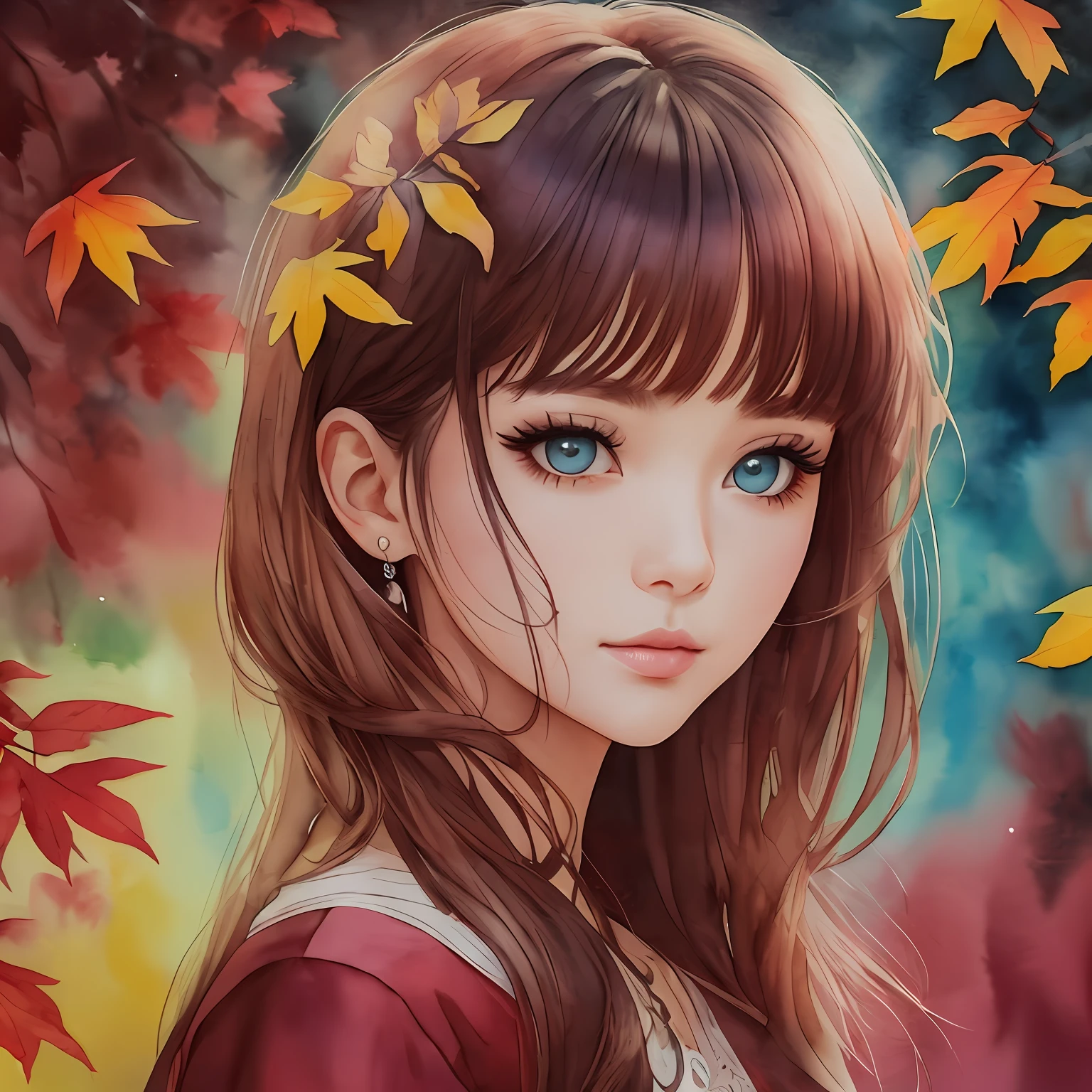 (Best Quality), (Masterpiece: 1.2), (Colorful: 0.9), (Ink Splash), (Color Splash), (Watercolor)), Sharp Focus, (Portrait Summer Goddess: 1.5), Cute Look, Elegant Maroon Haircut, Beautiful and Detailed Face and Eyes, Elegant Clothes, Autumn Forest Background, Colored Water