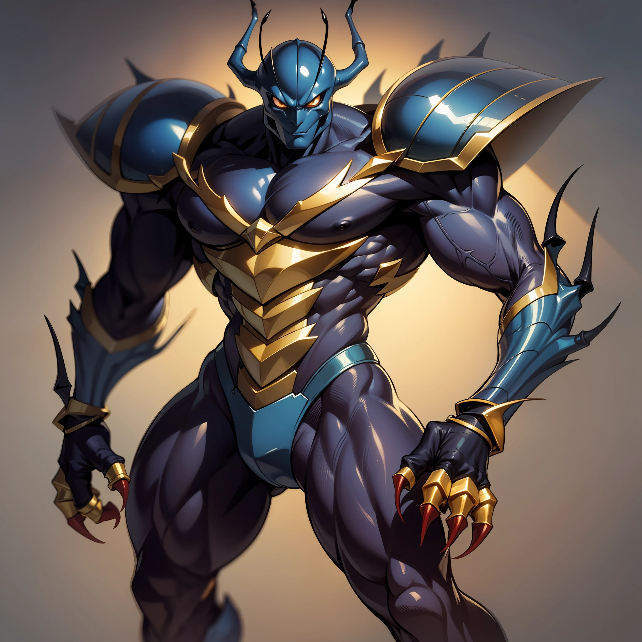 cartoon alien with an unusually developed muscular body, claws and a black body, stag beetle, celshade, guyver style,