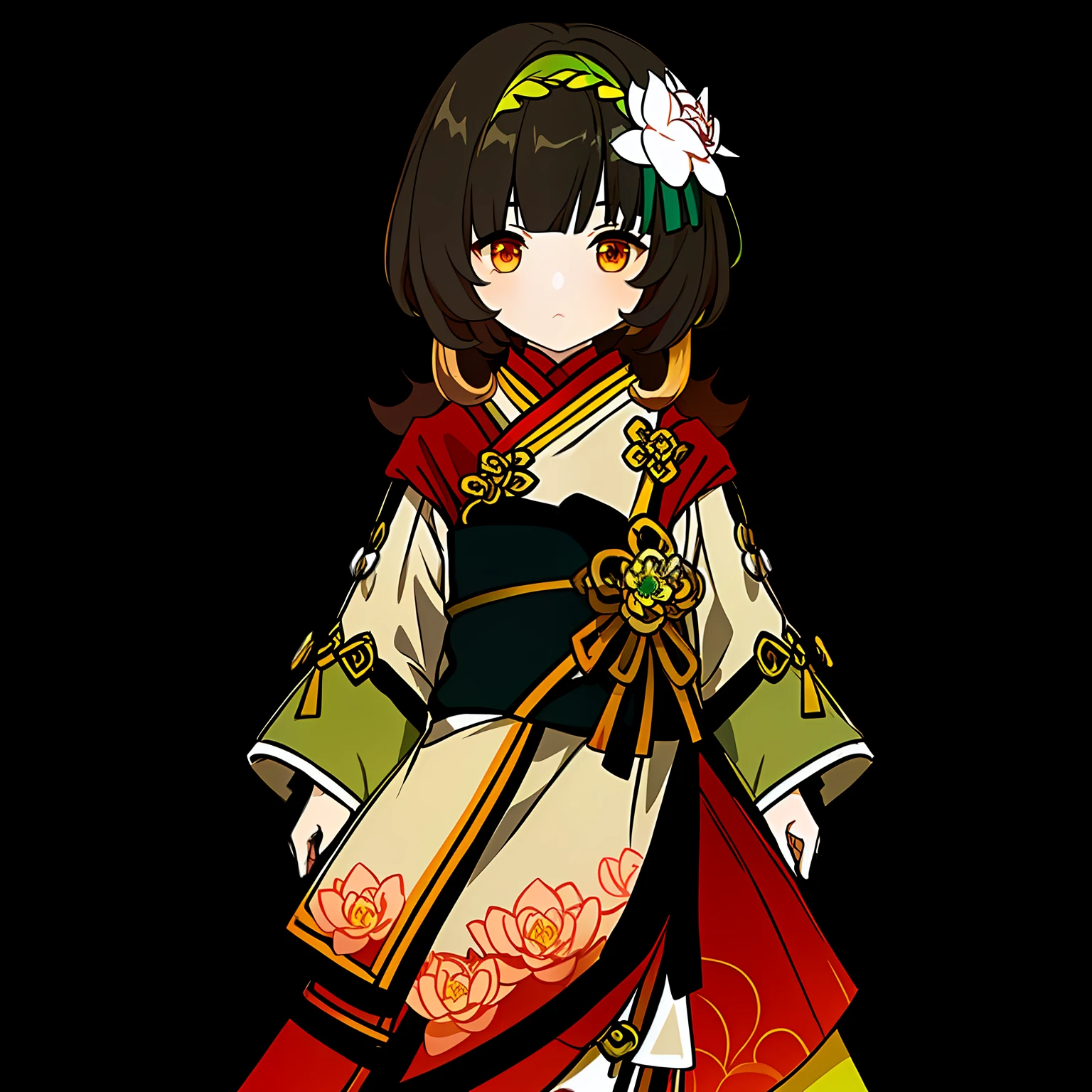 Genshin Avatar, (a girl with brown hair and orange eyes: 1.4), (((short hair))), hair between the eyes, ((white silk coat a little yellow and yellow-green))), there is a cartoon girl wearing a short dark green skirt, (a pink lotus flower on the right side of the forehead), pink flowers and green leaves stuck in her hair, full body adoptable, inspired by the master of Kanbun, non-binary god of spring, character adoptable, (light yellow ribbon tied around the waist), long and wide sleeves, Mihoyo art style, highly_detailed, portrait, (((masterpiece))), ((best quality))), (black_background:1.4), simple_background