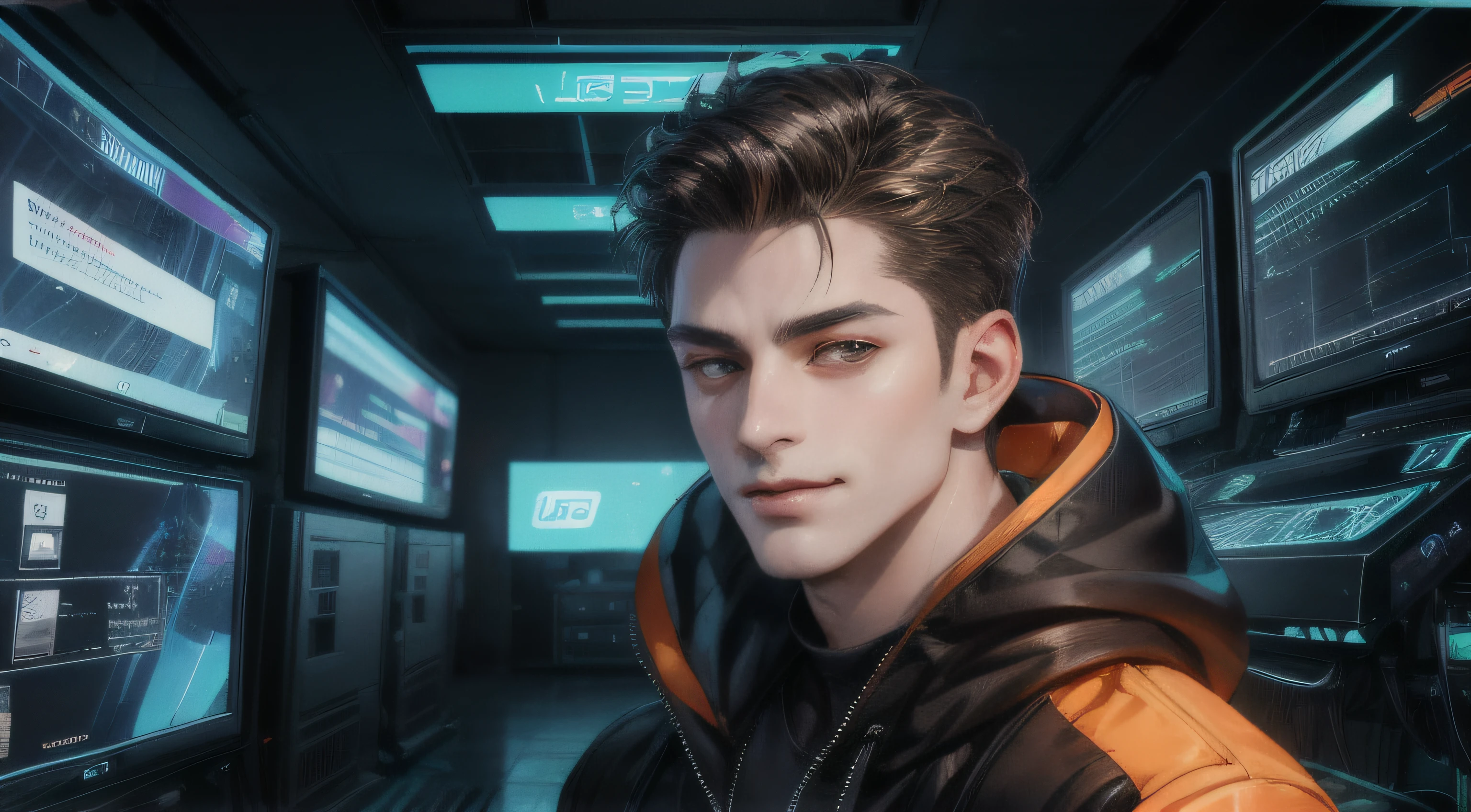 (Absurdres, Intricate Details, Masterpiece, Best Quality, High Resolution, 8k), 1 male, swedish, mature, aged up, handsome, finely detailed eyes and face, brown quiff hair, teal eyes, looking at viewer, solo, (full body:0.6), detailed background, detailed face, (CircuitBoardAI, electronic theme:1.1) evil high-tech futuristic hacker, smirk, advanced technology, hoodie, techwear,  keycard, cables,   (holographic display:1.05), error message,  computer, password, server room in background, orange lights, cyber-warfare, dark sinister atmosphere,  Depth of Field, VFX.