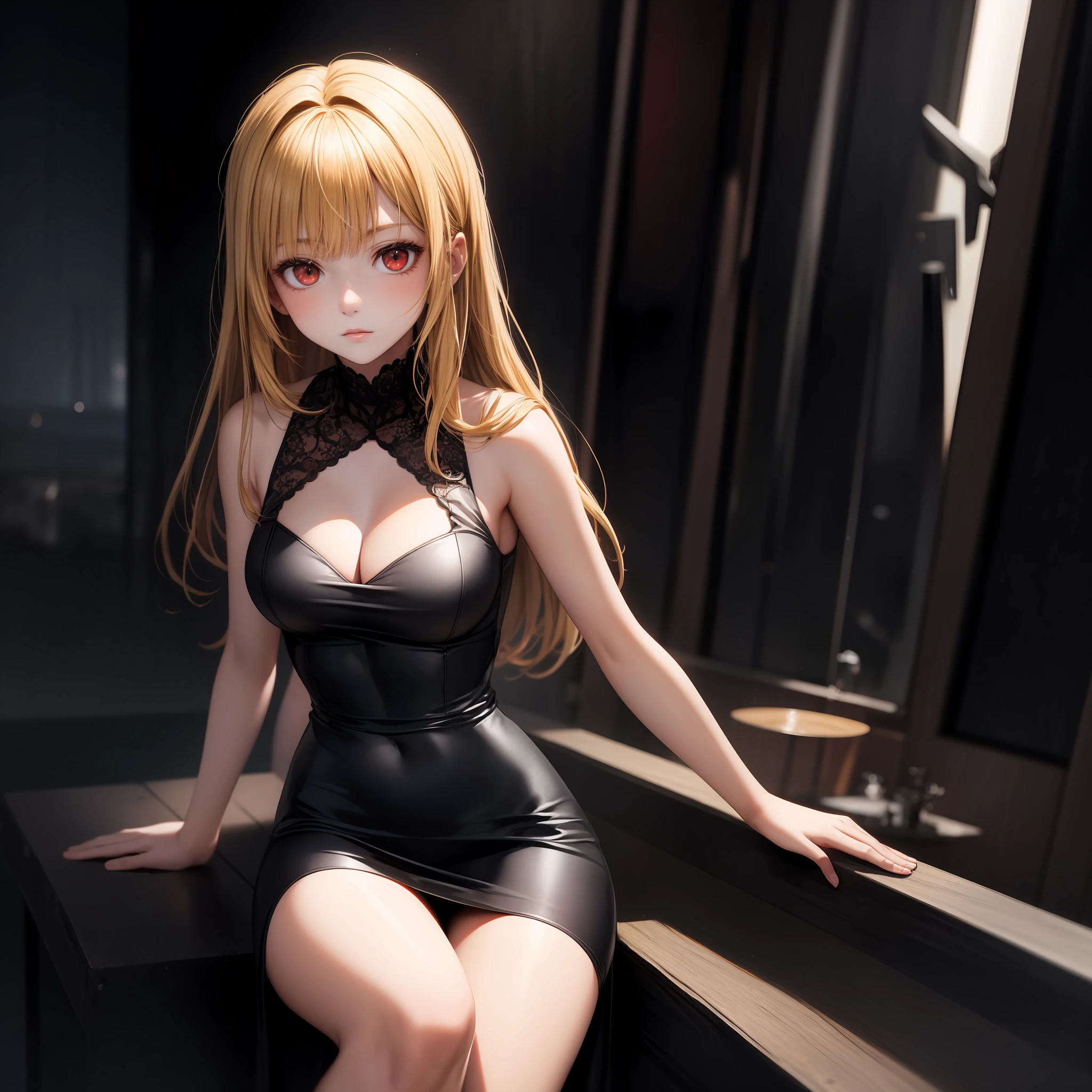 blonde, red eyes, girl, alone, solo, 1girl, black dress