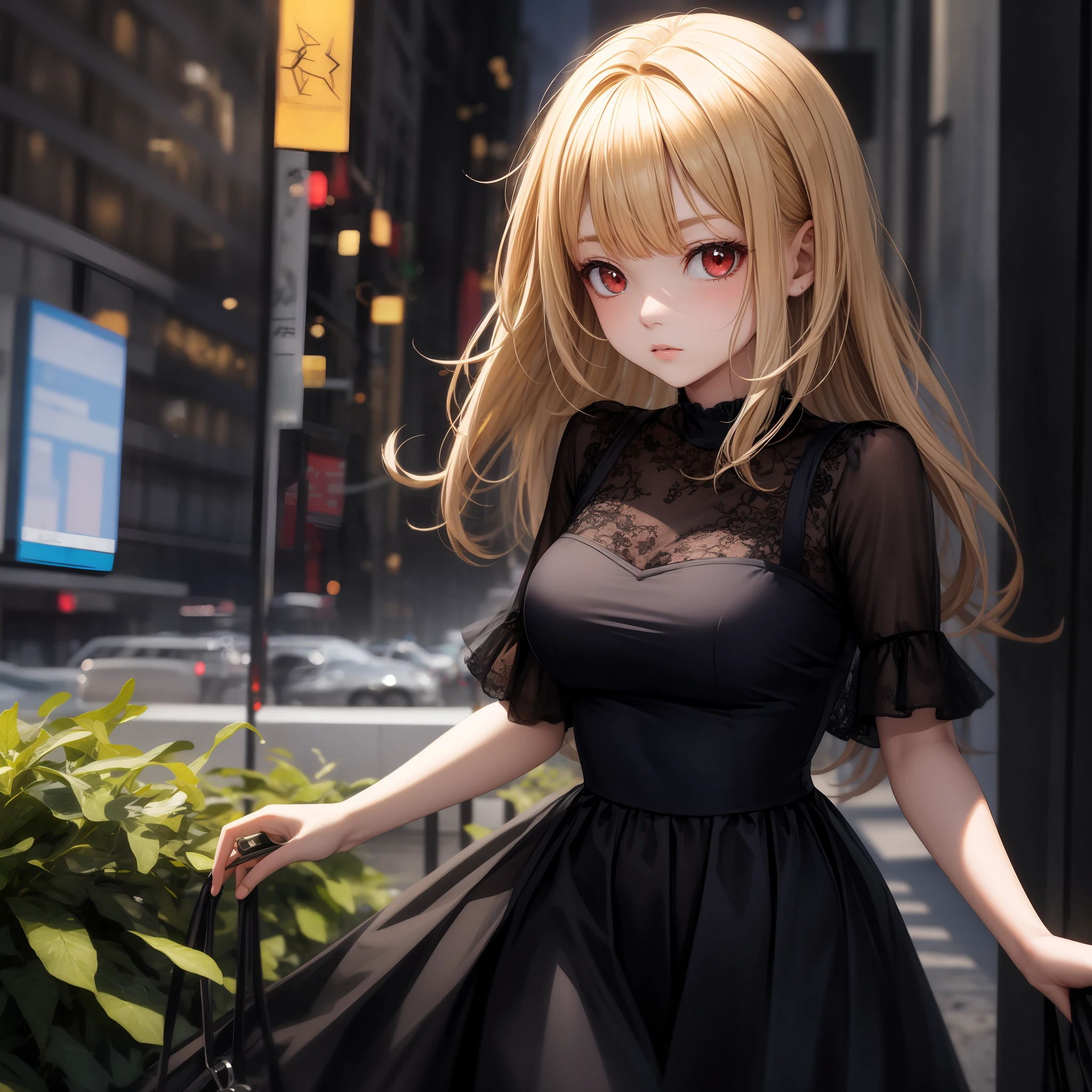 blonde, red eyes, girl, alone, solo, 1girl, black dress