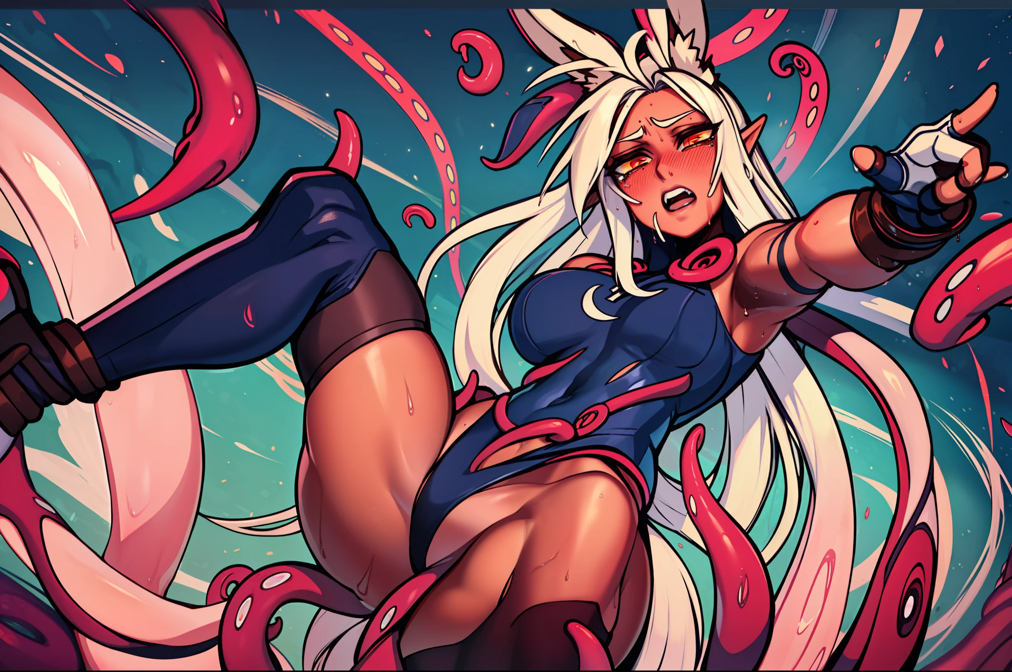 My Hero Academia, Mirko, One Woman, Beauty, Masterpiece, (Black Knee-High Socks), (Beautiful, White Hair), ((White Leotard)), ((Rabbit Ears)), (Long Hair)) ((White Gloves)), Realistic, (((Colossal)), Realistic, Ultra Precise, Elaborate, Professional, 8k, , ((Eyes), ((Sexy Pose)), Finger Removal Gloves, ((Female Martial Artist,)) losing, ((brown skin)), tanned, chagrined, embarrassed, screaming, gritting your teeth, crying, tearing, wet body, sticky, wet body, white liquid, opening your mouth wide, cross-eyed, blushing, tentacles, tentacles entangled, thighs, ((legs wide spread)), (tentacles entangled in both legs)), ((tentacles entangled behind the waist)), (hands are restrained behind the waist)), suspended by tentacles, (( Suspended in the air with hands suspended by tentacles,)) ((suspended in the air)), octopus tentacles, ((beautiful black skin)), tearing of clothes,