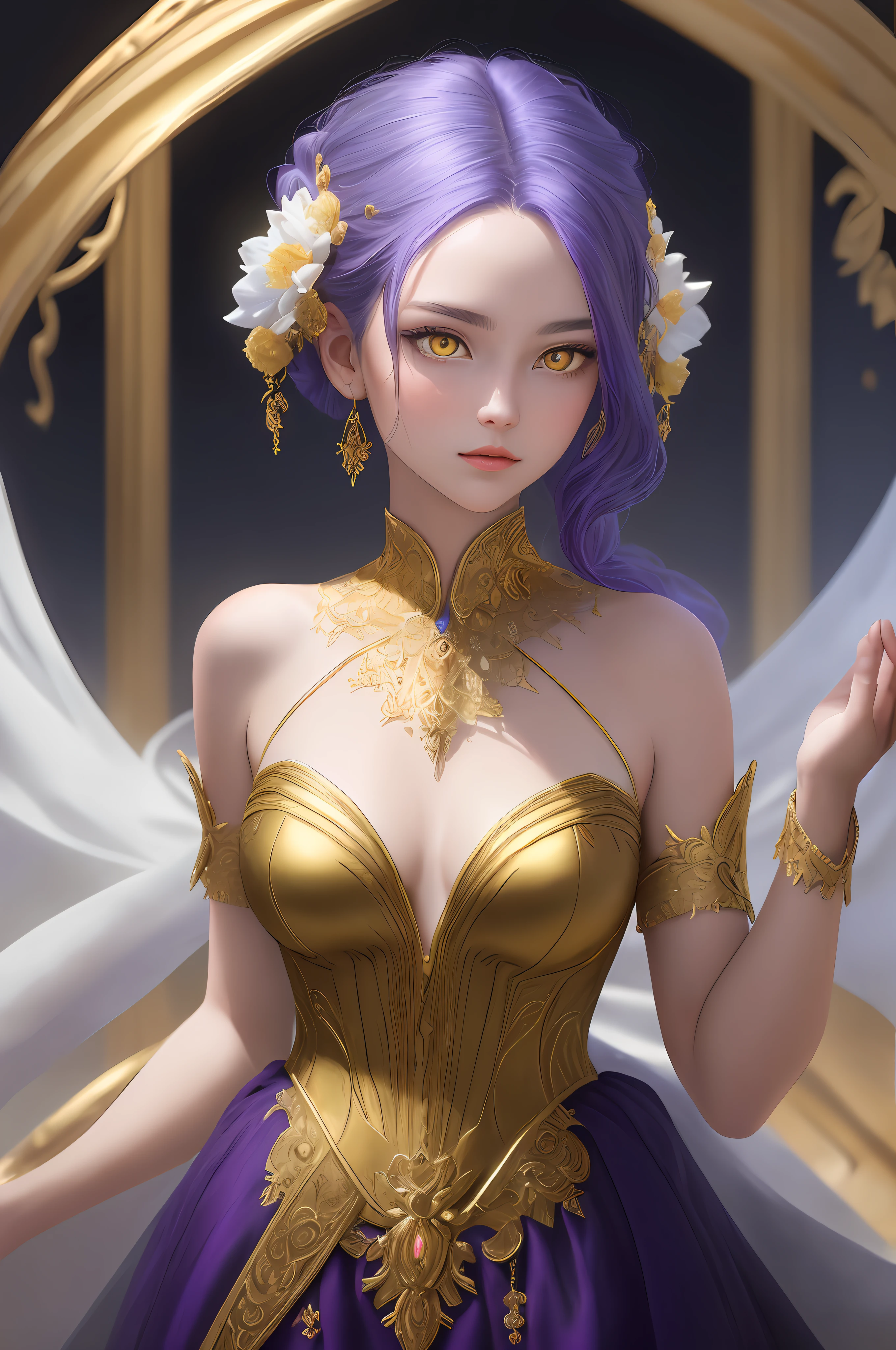 (Masterpiece - Ultra-Detailed, High-Res) Prepare to be enchanted by a true masterpiece that combines ultra-detailed artistry with high-resolution rendering. This artwork showcases a mesmerizing girl with deep blue/purple hair (1.3) and captivating light golden yellow eyes (1.2), emanating an aura of an angelic, mythical being - an embodiment of wisdom, elegance and mystery. Flowing white fabrics adorned with gold accents. The intricate details and lifelike textures invite you to explore every aspect of this enchanting composition. Get ready to be immersed in a world where beauty and craftsmanship merge seamlessly. (small breasts) (((light golden yellow eyes)))