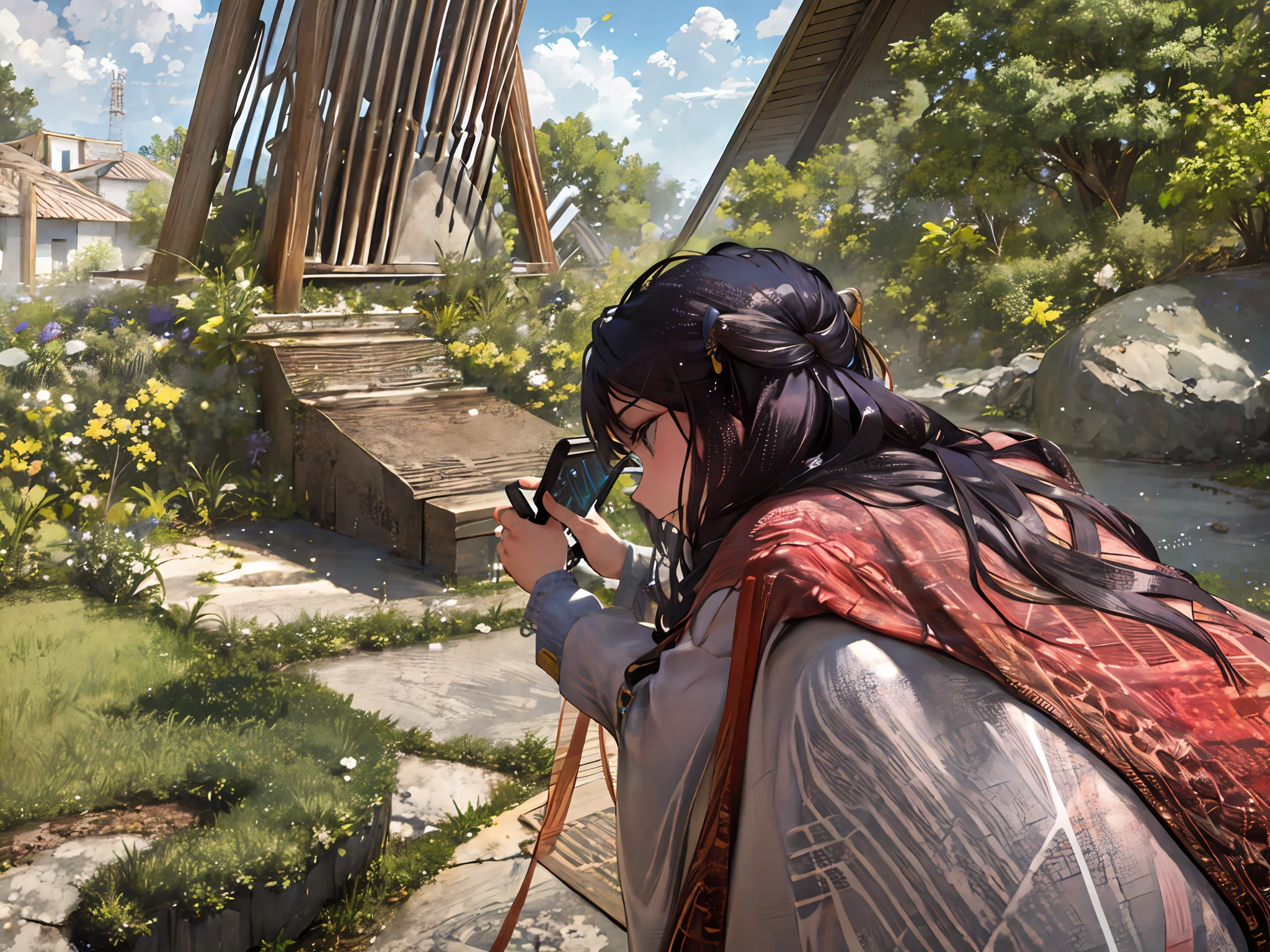 Woman taking a picture of the garden with her mobile phone, the ancient garden behind her, smartphone photography, in the garden, wearing a shawl, wearing sunglasses, bending over, flowers and green flowers, background with light, HD