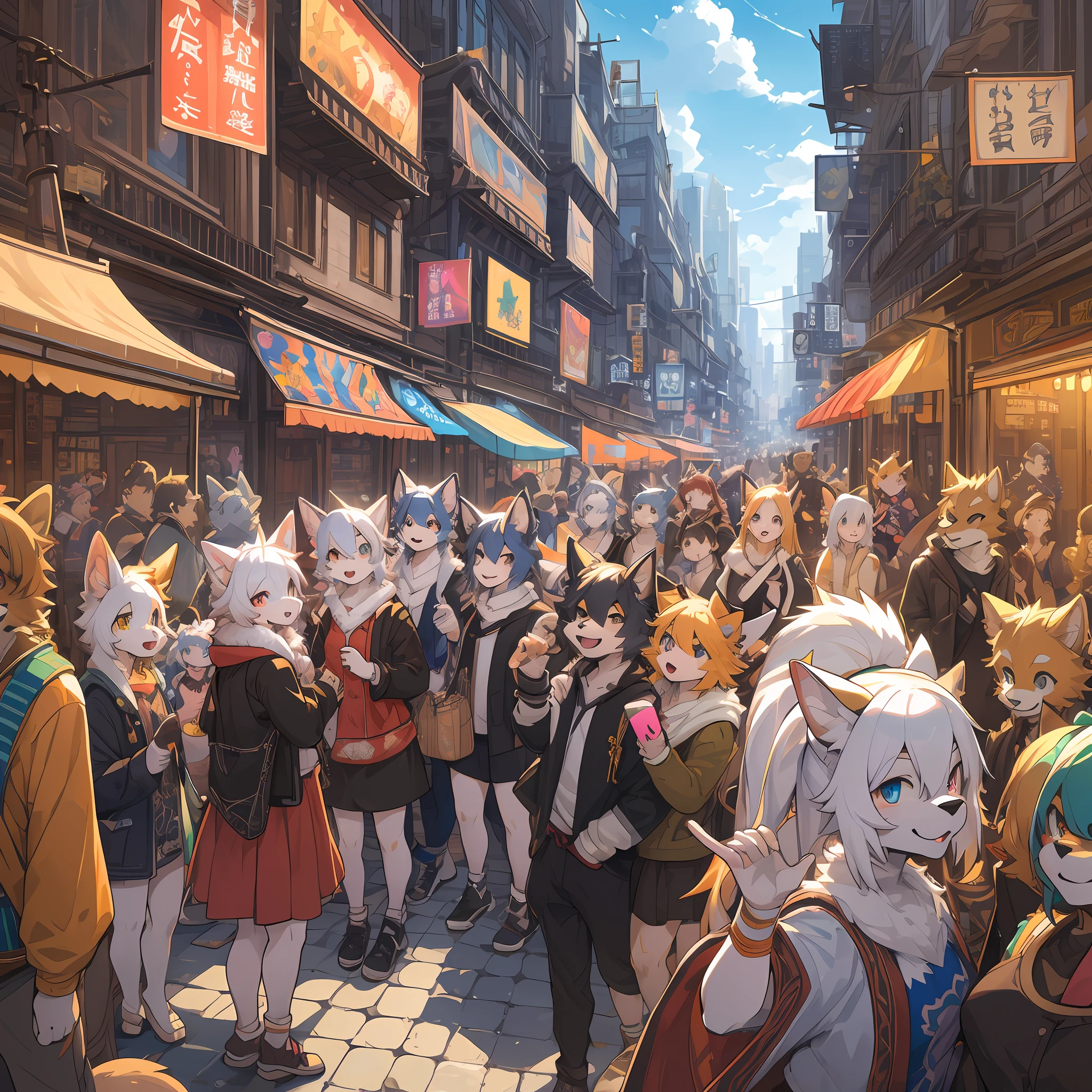 top quality, best quality, High-quality illustrations, masterpiece, super high resolution, detailed background, Crowded cityscape, group shot, 6+boys, 6+girls, festival, absurdres(highly detailed beautiful face and eyes)perfect anatomy(Photo of family trip)(kemono, furry anthro)selfie,