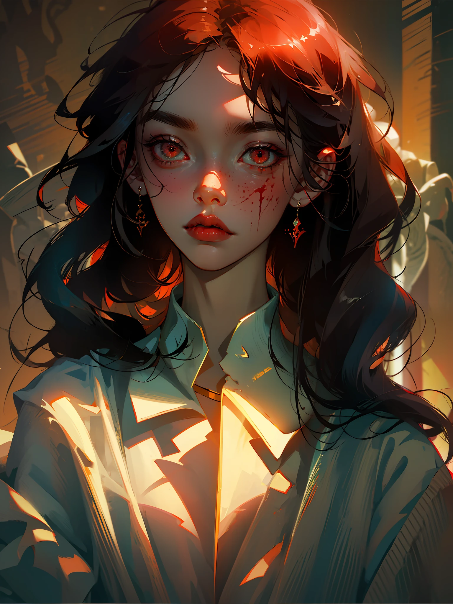 masterpiece, best quality, 1 girl, solo, supine, lying on the mirror, pale skin, messy hair, red eyes, glowing eyes, blood on face, blood on clothes, creepy, scary, blood, --auto
