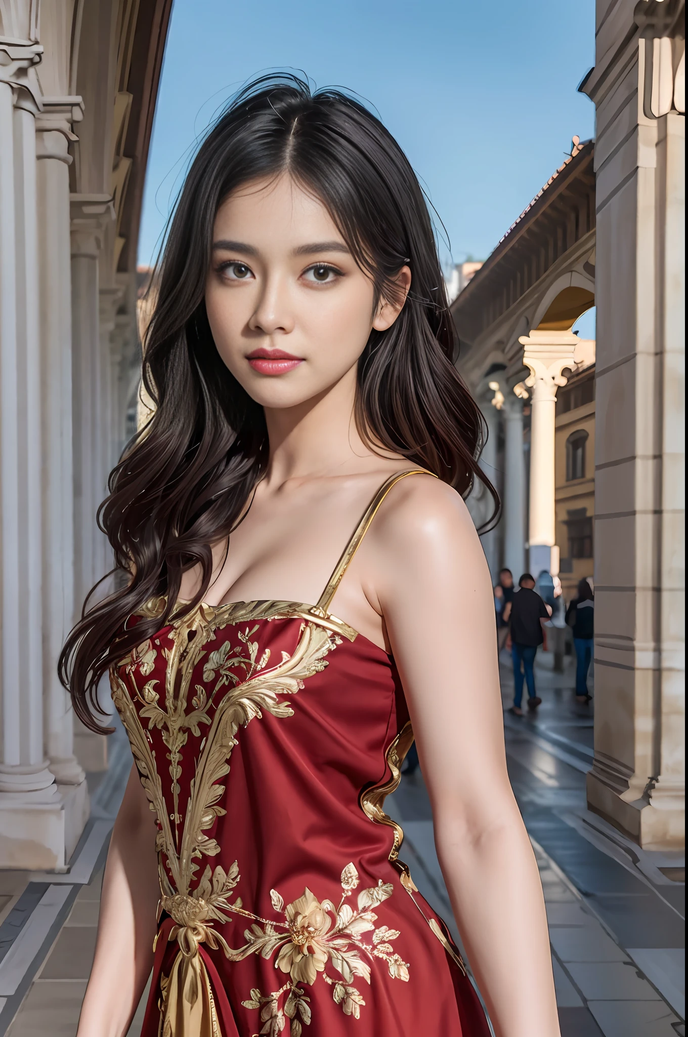 Model shooting style, (extremely detailed CG Unity 8k wallpaper), full-shot body photo of the most beautiful artwork in the world, stunning beautiful photo realistic available, super realistic super detailed photo, a beautiful girl as a female dancer entering the Loggia dei Lanzi of Florence,complex dress, banquet, crowd, [slight smile], (Sculpture of Hercules background), (princess eyes, shining pupils), detailed symmetrical beautiful hazel eyes, detailed gorgeous face, highly detailed, Vibrant, professional majestic oil painting by Ed Blinkey, Atey Ghailan, Studio Ghibli, Jeremy Mann, Greg Manchess, Antonio Moro, ArtStation Trends, CGSociety Trends, Complex, High Detail, Sharp Focus, Dramatic, Realistic Painting Art, by Midjourney and Greg Written by Rutkowski