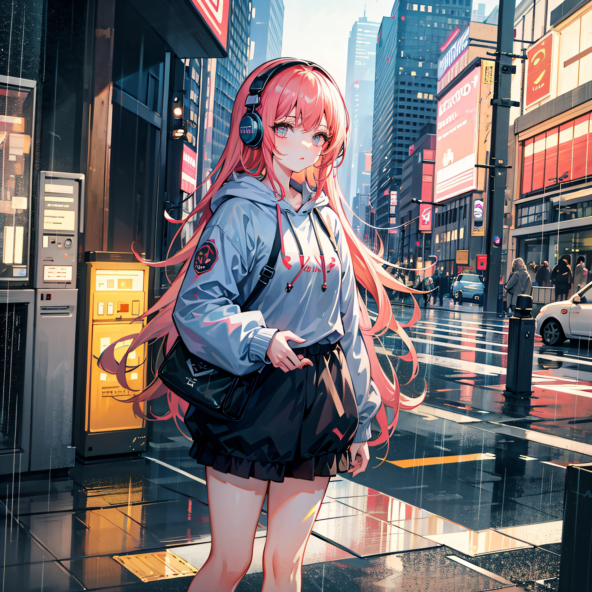 masterpiece,1girl,solo,incredibly absurdres,hoodie,headphones, street,outdoors,rain,neon lights,