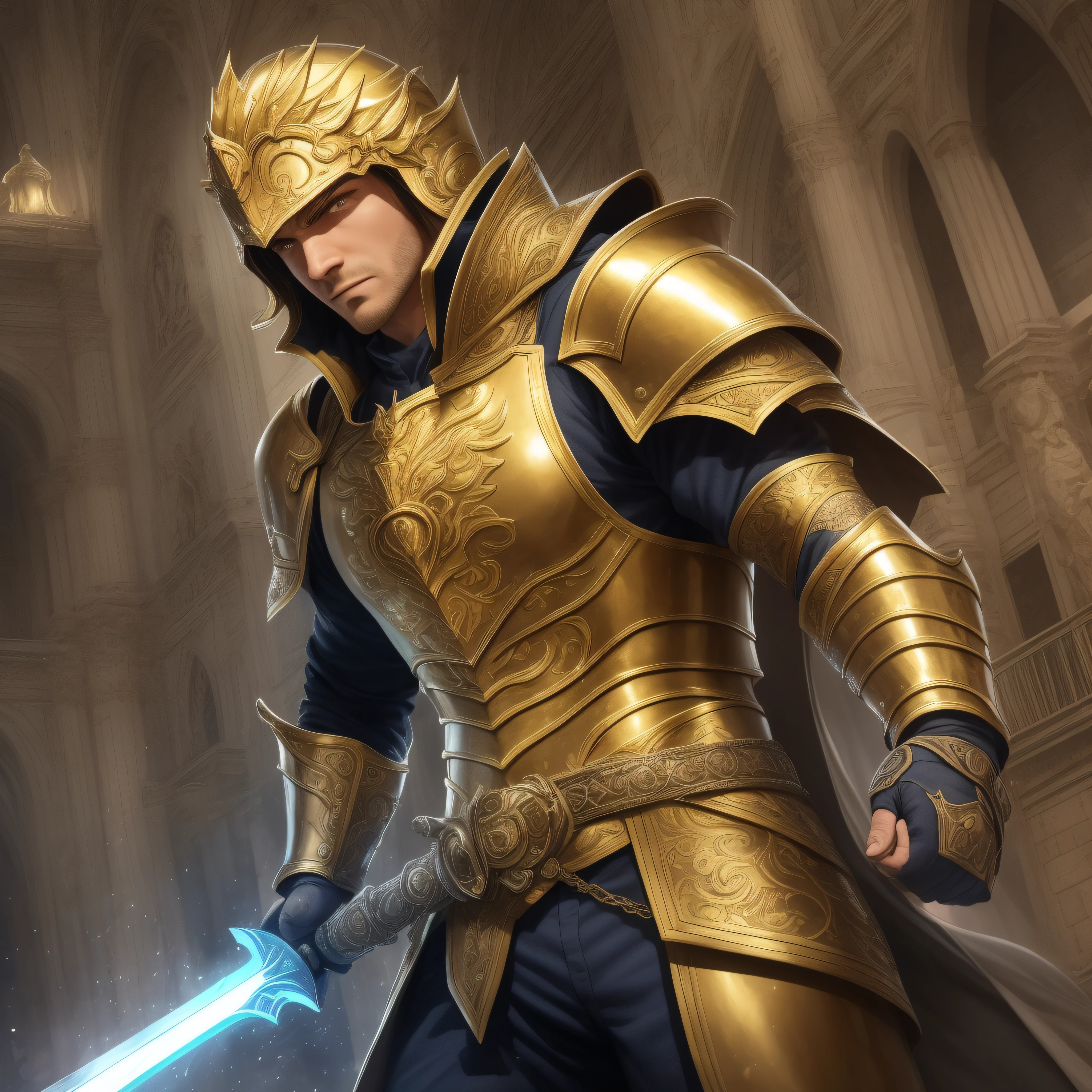 (masterpiece:1.2), (best quality:1.2)Valentin, the Paladin of Light, is depicted in a drawing with an imposing presence and an aura of justice and kindness. His figure displays a combination of strength and compassion, reflecting his role as protector of the defenseless and as an ardent defender of noble ideals.
Valentin possesses a tall stature and a robust physical constitution, imparting power and determination. Her hair is blonde and short, impeccably groomed, while her expression is serious but gentle. His eyes are bright blue, radiating a warm and compassionate intensity.
He wears gleaming armor, made of silver and gold metals. The armor is adorned with elaborate details, showing sacred symbols and references to divine light. Valentin wears an imposing helmet, which reveals only his eyes, emphasizing his heroic identity.
On his chest, Valentin carries a sacred emblem, the symbol of his duty as a champion of light. The emblem shines with a soft light, reflecting its bond with divine energies and the protection it brings to the innocent.
Valentin wields a sacred sword, radiant with a heavenly glow. The blade is adorned with sacred engravings and the handle is wrapped in high-quality leather, providing grip and comfortable handling. His sword is a physical representation of his mission and purpose as a champion of light.
Valentin's posture in the drawing is erect and confident, with broad shoulders and puffed out chest. He is a figure of authority and compassion, always ready to step in and protect those who are in danger. His gaze is affectionate, conveying a sense of comfort and security to those around him.
The setting around Valentin may vary, depending on the context of the drawing. It can be a battlefield illuminated by rays of sunshine, a sacred citadel, or a celestial landscape, evoking the divine power that accompanies the paladin of light.