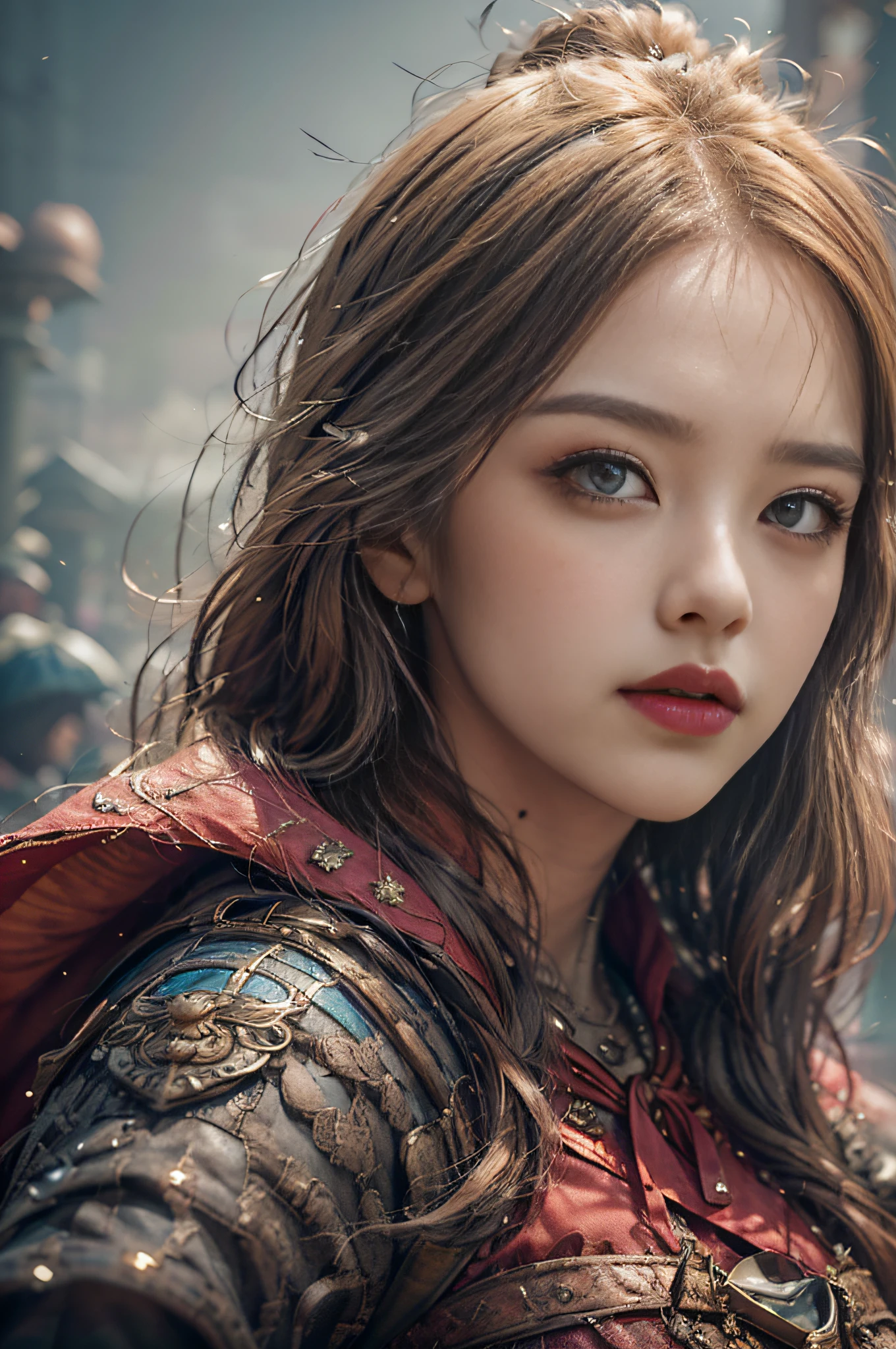 ((masterpiece))), (((best quality))), ((ultra-detailed)), (hyperrealistic), (highly detailed CG illustration), cinematic light, photorealistic ,extremely beautiful young lady, (beautiful face and lips), light makeup, big breast, intricate detailed eaba, red cape, spear, trending on artstation.