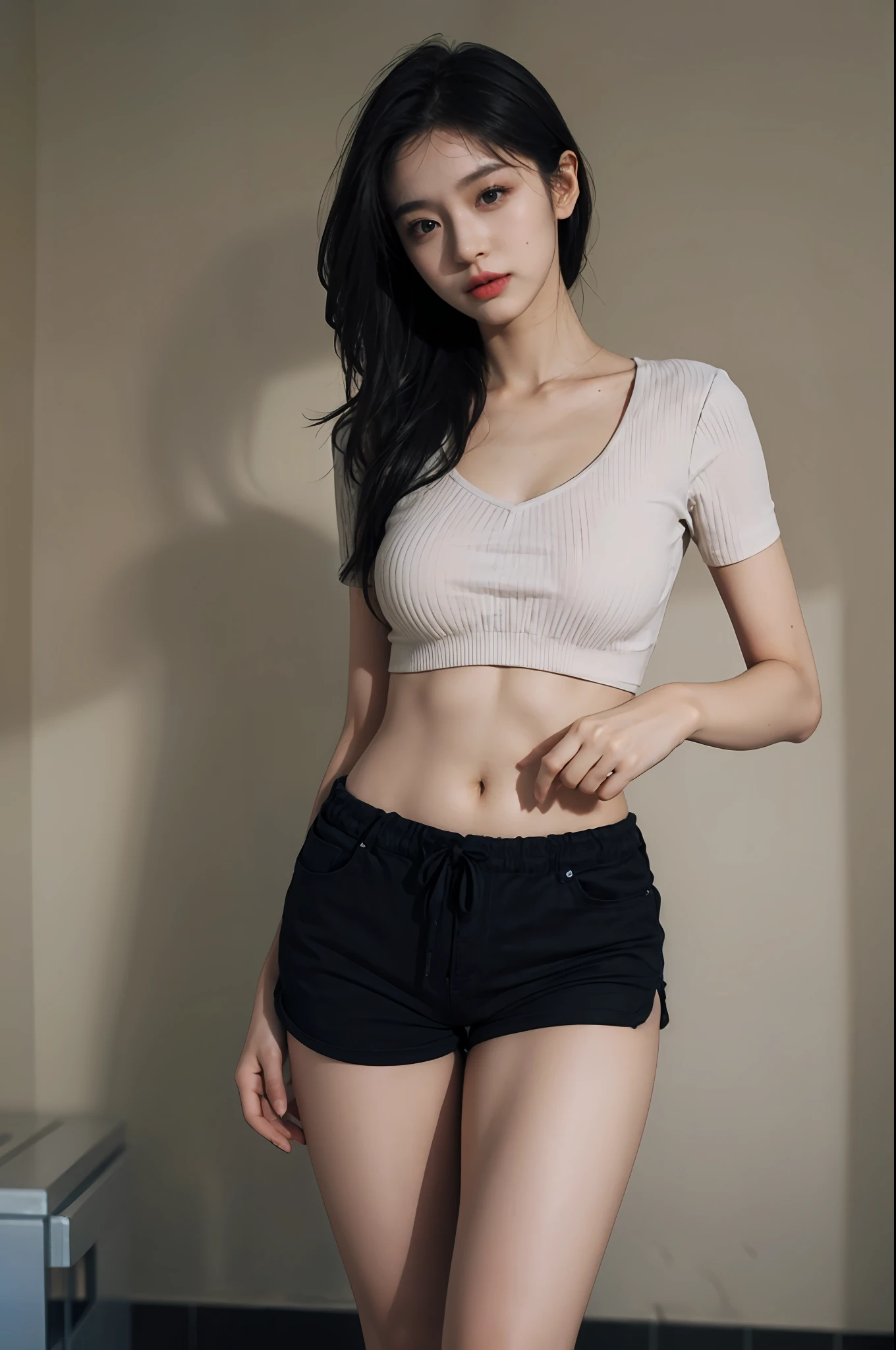 Best Quality, Masterpiece, High Resolution, 8K, (Realistic: 1.4), Ultra High Resolution, 1 Girl, Ultra Detailed, Surreal, Highly Detailed CG Illustration, Official Art, Cinematic Light, Reality, Young Beautiful Girl, Perfect Figure, Perfect Figure, Full View, Perfect Body, (Starting below: 1.3), Mask, Pose, Sexy Long Legs, Confident, Beautiful Sexy, Grey Short Sleeves, Open Abdomen, Black Super Shorts, S-shaped Body, Upturned Hips, Assuming, Posing, Different Perspectives