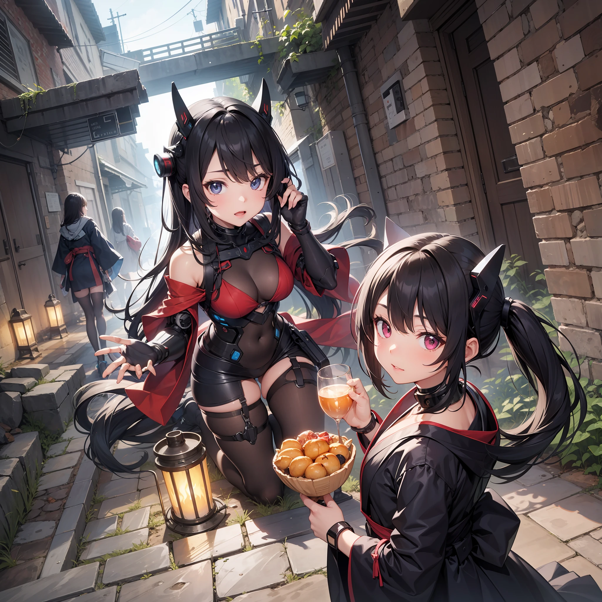 Best quality: Original characters, voluminous lighting, long black hair, hand-held dolls, summer kimonos, cyborgs, underground dungeons