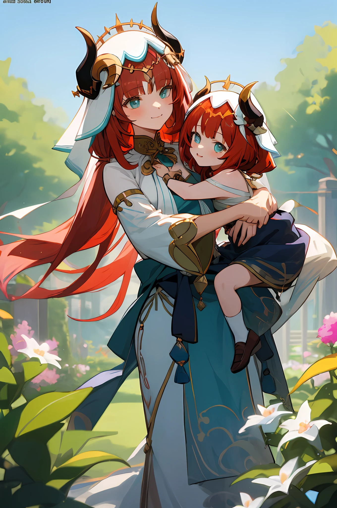 anime image of two women dressed in traditional sumeru clothing in garden full of flowers, palace a girl in hanfu, wlop and sakimichan, red haired deity, red hair, characters from azur lane, anime fantasy illustration, from the azur lane videogame, genshin, artwork in the style of guweiz, dance sumeru detailed art, two beautiful anime girls, red hair, mother and child, aqua eyes, nilou (genshin impact), fake horns, veil, smile, long hair, crop top, jewelry, horns, her daughter's hair is red
