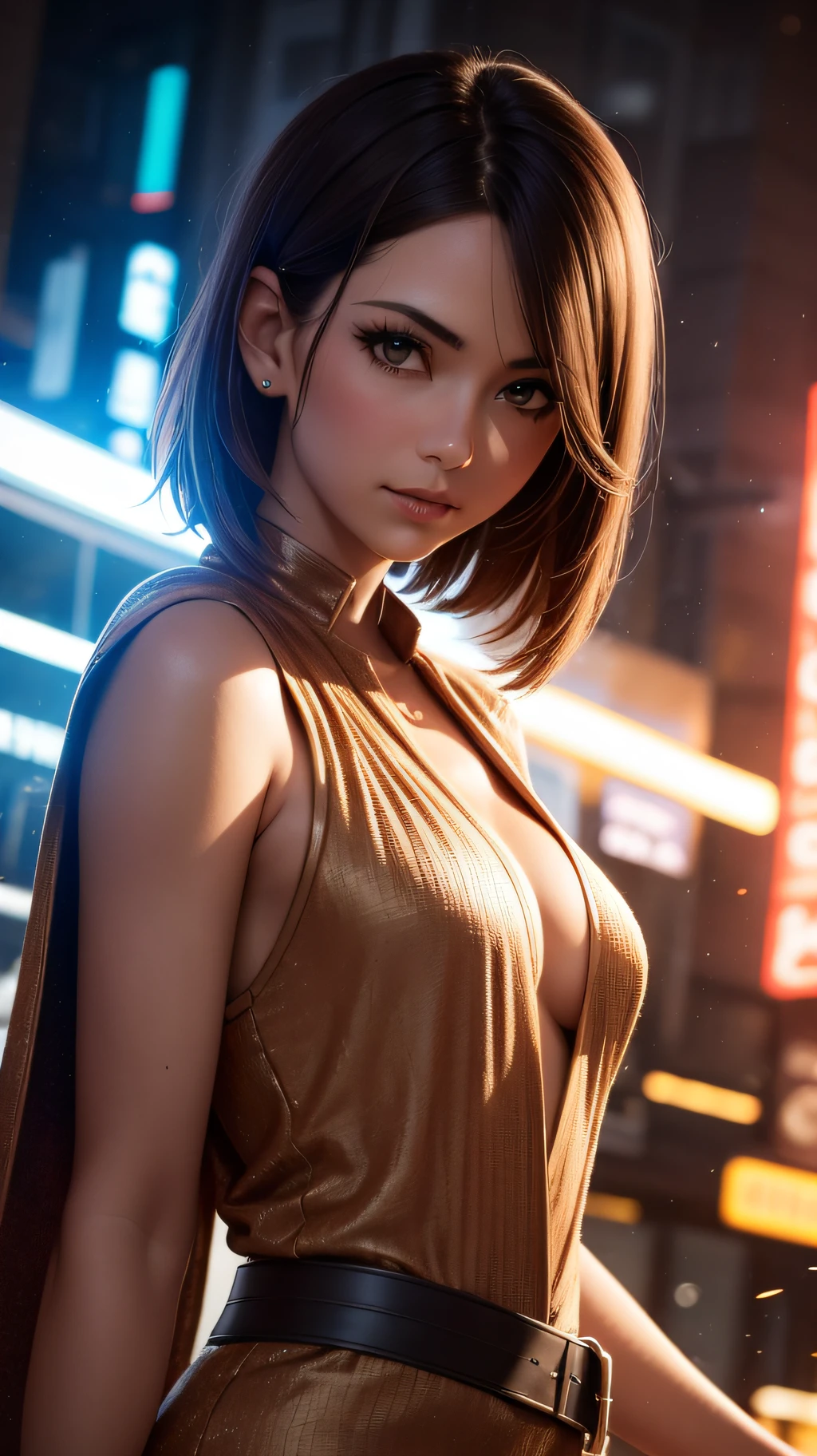Close-up of a Beautiful milf, small breasts, short flowing brown hair, wearing an intricately detailed futuristic tan Jedi robes, futuristic city street, dynamic swirling sparks, cinematic lights, action pose, smoky, 8k, highres
