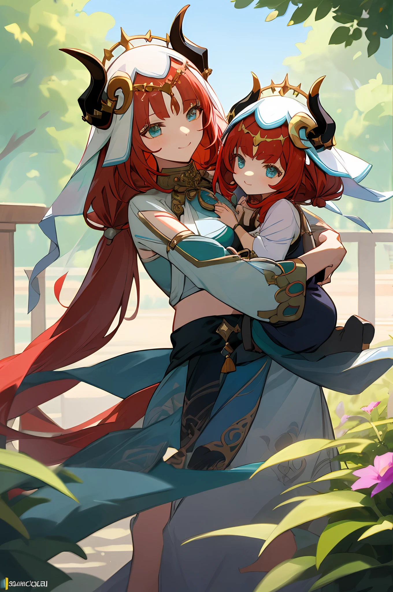 anime image of two women dressed in traditional sumeru clothing in garden full of flowers, palace a girl in hanfu, wlop and sakimichan, red haired deity, red hair, characters from azur lane, anime fantasy illustration, from the azur lane videogame, genshin, artwork in the style of guweiz, dance sumeru detailed art, two beautiful anime girls, red hair, mother and child, aqua eyes, nilou (genshin impact), fake horns, veil, smile, long hair, crop top, jewelry, horns, her daughter's hair is red