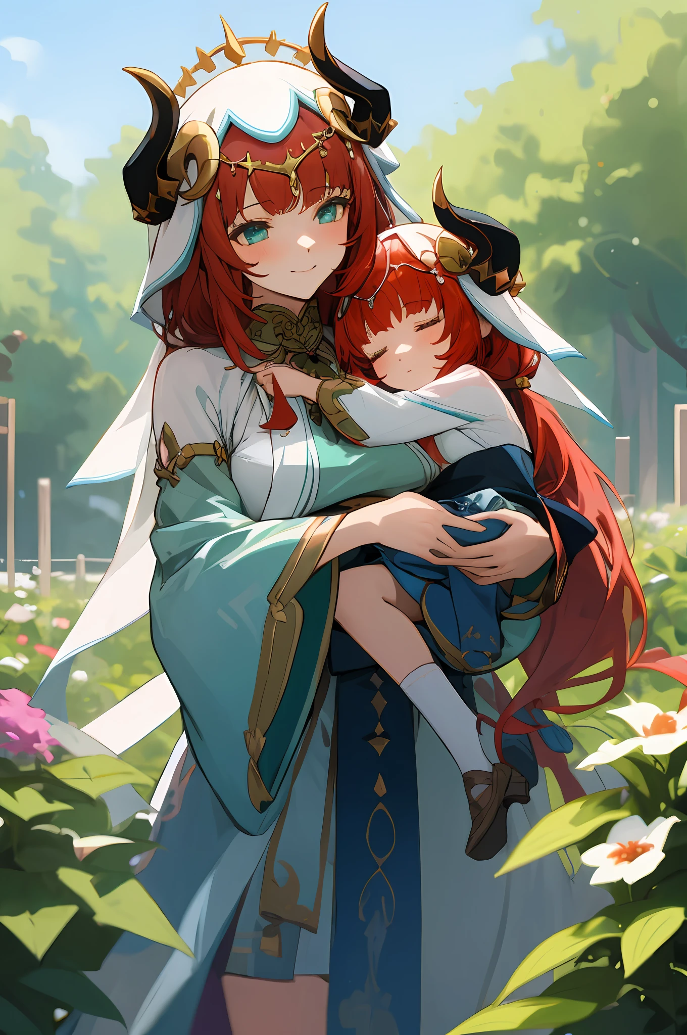 anime image of two women dressed in traditional sumeru clothing in garden full of flowers, palace  a girl in hanfu, wlop and sakimichan, red haired deity, red hair, characters from azur lane, anime fantasy illustration, from the azur lane videogame, genshin, artwork in the style of guweiz, dance sumeru detailed art, two beautiful anime girls, red hair, mother and child, aqua eyes, nilou (genshin impact), fake horns, veil, smile, long hair, crop top, jewelry, horns, her daughter's hair is red, sleeping in the garden