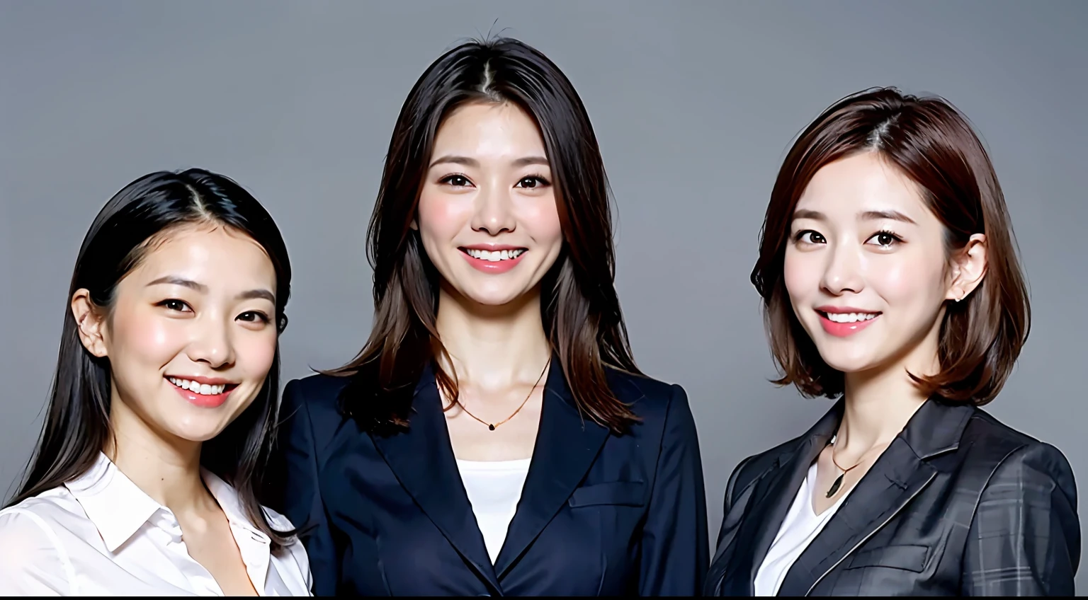 (Best Quality, 8k, 32k, Masterpiece, UHD: 1.2), Cute Japan Woman Pictures, Upper Body, (Suit) Necklace, Simple Background, Look Around, Smiling, Multiple Female Office Workers