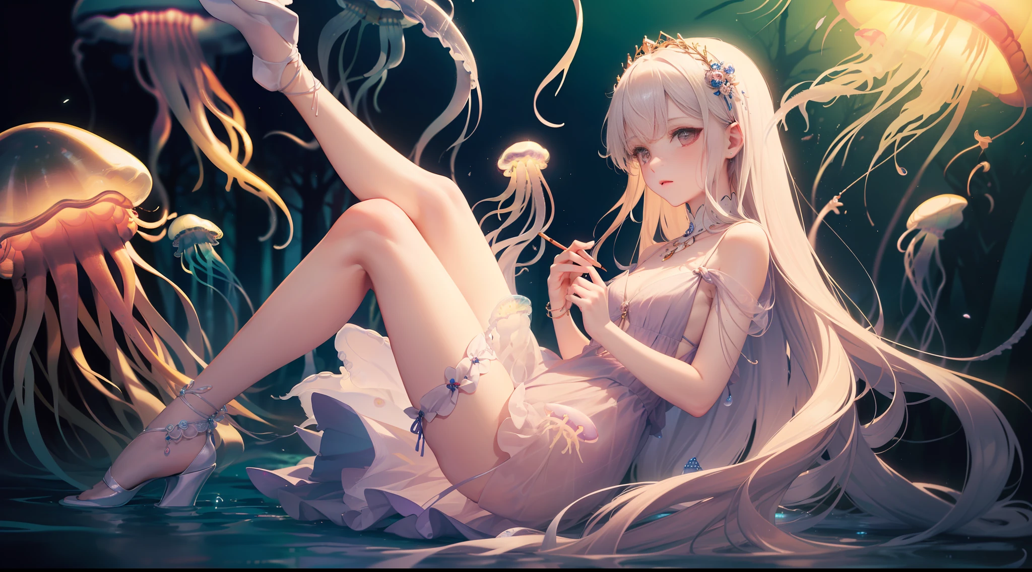 ((masterpiece)), ((best quality)),,(very wide shot:1.3),(ultra-detailed), ((extremely detailed)),full body,(under zero gravity:1.3),(pencil drawing:1.3), (watercolor pencil2:1.6 ), pastel ,(beautiful),high definition,an extremely delicate and beautiful,((best quality)),,colorful,A beautiful woman walks along the banks of a stream in a lush forest, (where colorful many jellyfish:1.3), which emit a pale light at night,( float in the air), She has a beautiful face and shining eyes of vivid colors, (She wears elaborate and delicate ornaments:1.3),( Fantastic forest with small many jellyfish drifting in the air:1.5), luminous on a moonlit night, Detailed drawing, Vivid colors, High image quality,