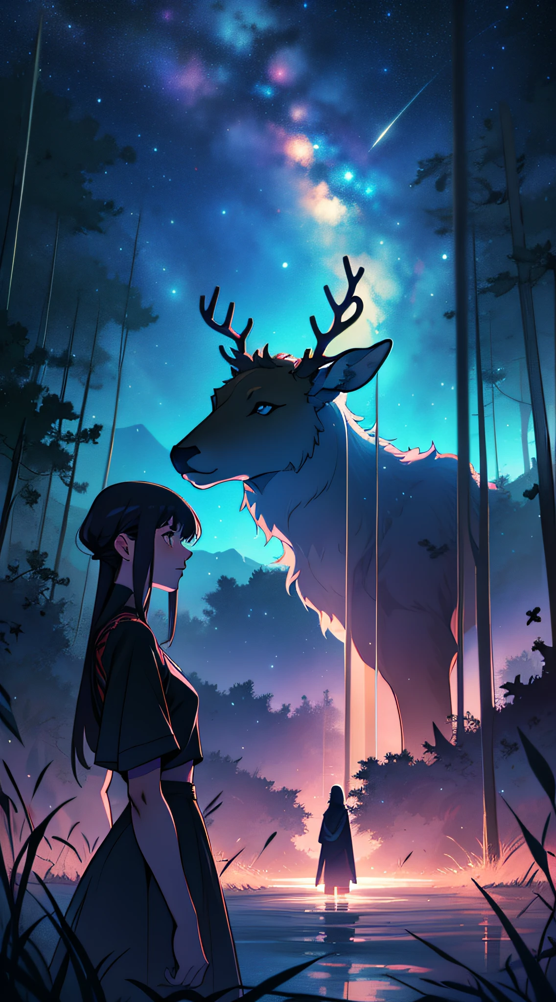 Dreamy, Big Scene, Girly, Long Hair, Surrounded by Glowing Deer, Lake, Jungle, Psychedelic, Starry Sky, Bauhaus Art, Anime Visuals, Cinematic, Atmosphere, Hazy Background, Occult, Outstanding, Best Quality