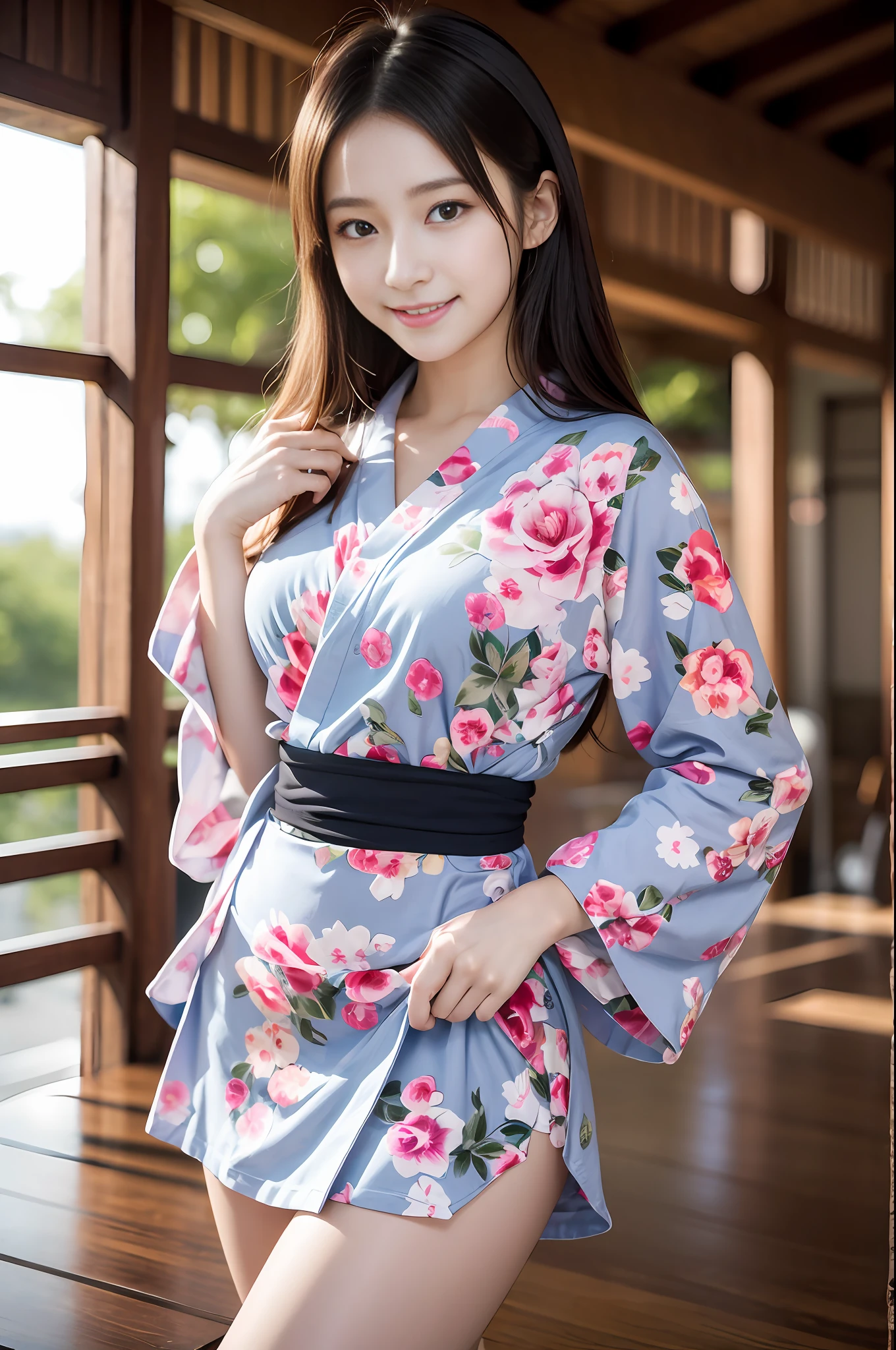 (Best Quality, 8k, 32k, Masterpiece, UHD: 1.2), 1 Girl, Beautiful Japan Woman, Slender Waist, Beautiful Woman with Perfect Style: 1.4, Big: 1.3, Fine Face, Smile, Ryokan, Yukata, Table Tennis, 18 Years Old, Nogizaka Idol, Actress, Korean Idol, Gravure Idol