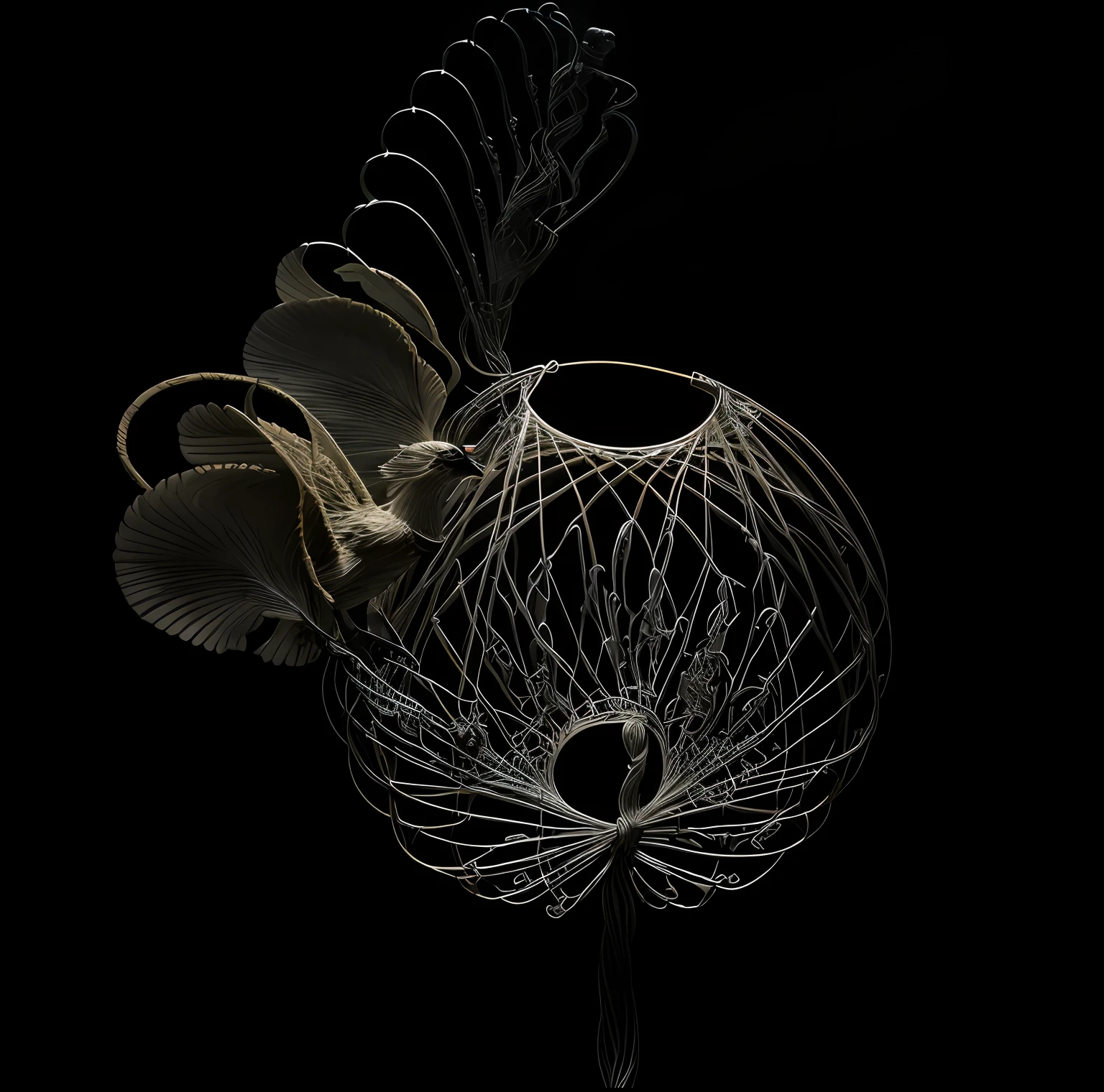 there is a black background with a wire sculpture of a bird, intricate light, intricate mathematical shape, inspired by Anna Füssli, intricate illuminated lines, iris van herpen rankin, subject made of white mesh rope, made of wire, iris van herpen, parametric flow, on a black background, intricate dramatic lighting, intricate automatism, swirling