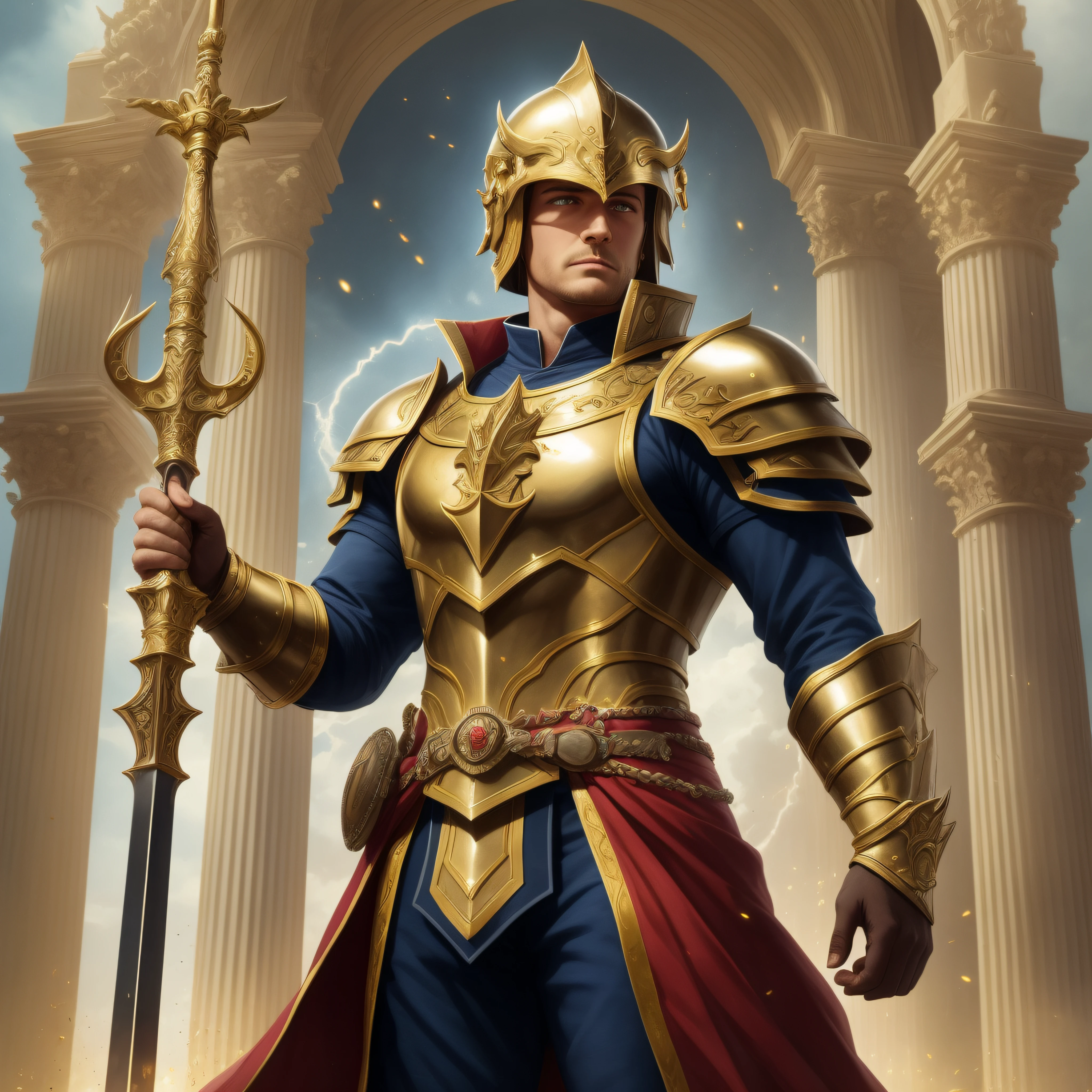 (masterpiece:1.2), (best quality:1.2)Valentin, the Paladin of Light, is depicted in a drawing with an imposing presence and an aura of justice and kindness. His figure displays a combination of strength and compassion, reflecting his role as protector of the defenseless and as an ardent defender of noble ideals. Valentin possesses a tall stature and a robust physical constitution, imparting power and determination. Her hair is blonde and short, impeccably groomed, while her expression is serious but gentle. His eyes are bright blue, radiating a warm and compassionate intensity. He wears gleaming armor, made of silver and gold metals. The armor is adorned with elaborate details, showing sacred symbols and references to divine light. Valentin wears an imposing helmet, which reveals only his eyes, emphasizing his heroic identity. On his chest, Valentin carries a sacred emblem, the symbol of his duty as a champion of light. The emblem shines with a soft light, reflecting its bond with divine energies and the protection it brings to the innocent. Valentin wields a sacred sword, radiant with a heavenly glow. The blade is adorned with sacred engravings and the handle is wrapped in high-quality leather, providing grip and comfortable handling. His sword is a physical representation of his mission and purpose as a champion of light. Valentin's posture in the drawing is erect and confident, with broad shoulders and puffed out chest. He is a figure of authority and compassion, always ready to step in and protect those who are in danger. His gaze is affectionate, conveying a sense of comfort and security to those around him. The setting around Valentin may vary, depending on the context of the drawing. It can be a battlefield illuminated by rays of sunshine, a sacred citadel, or a celestial landscape, evoking the divine power that accompanies the paladin of light.