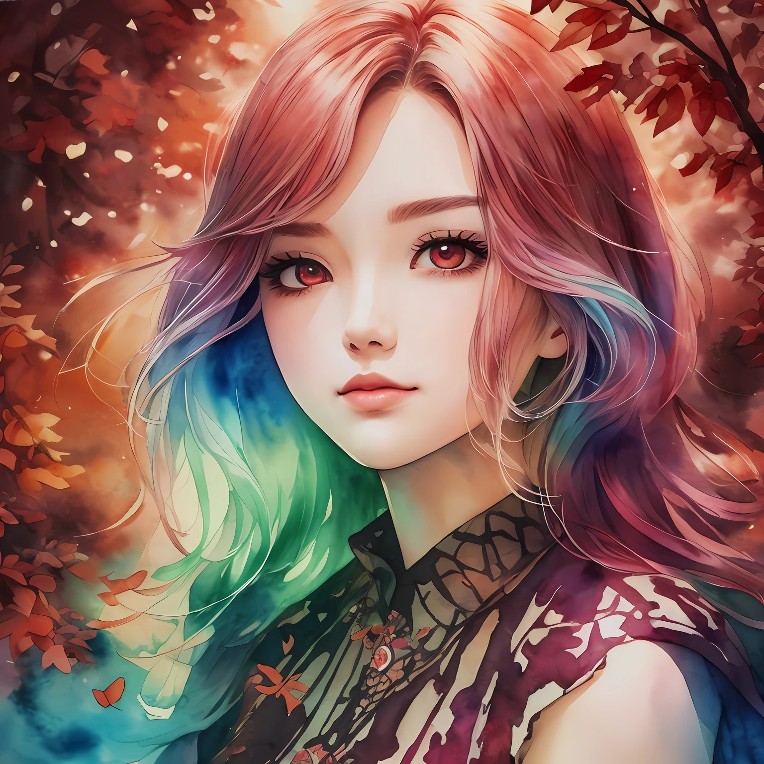 (Best Quality), (Masterpiece: 1.2), (Colorful: 0.9), (Ink Splash), (Color Splash), (Watercolor)), Sharp Focus, (Portrait Summer Goddess: 1.5), Cute Look, Elegant Maroon Haircut, Beautiful and Detailed Face and Eyes, Elegant Clothes, Autumn Forest Background, Colored Water