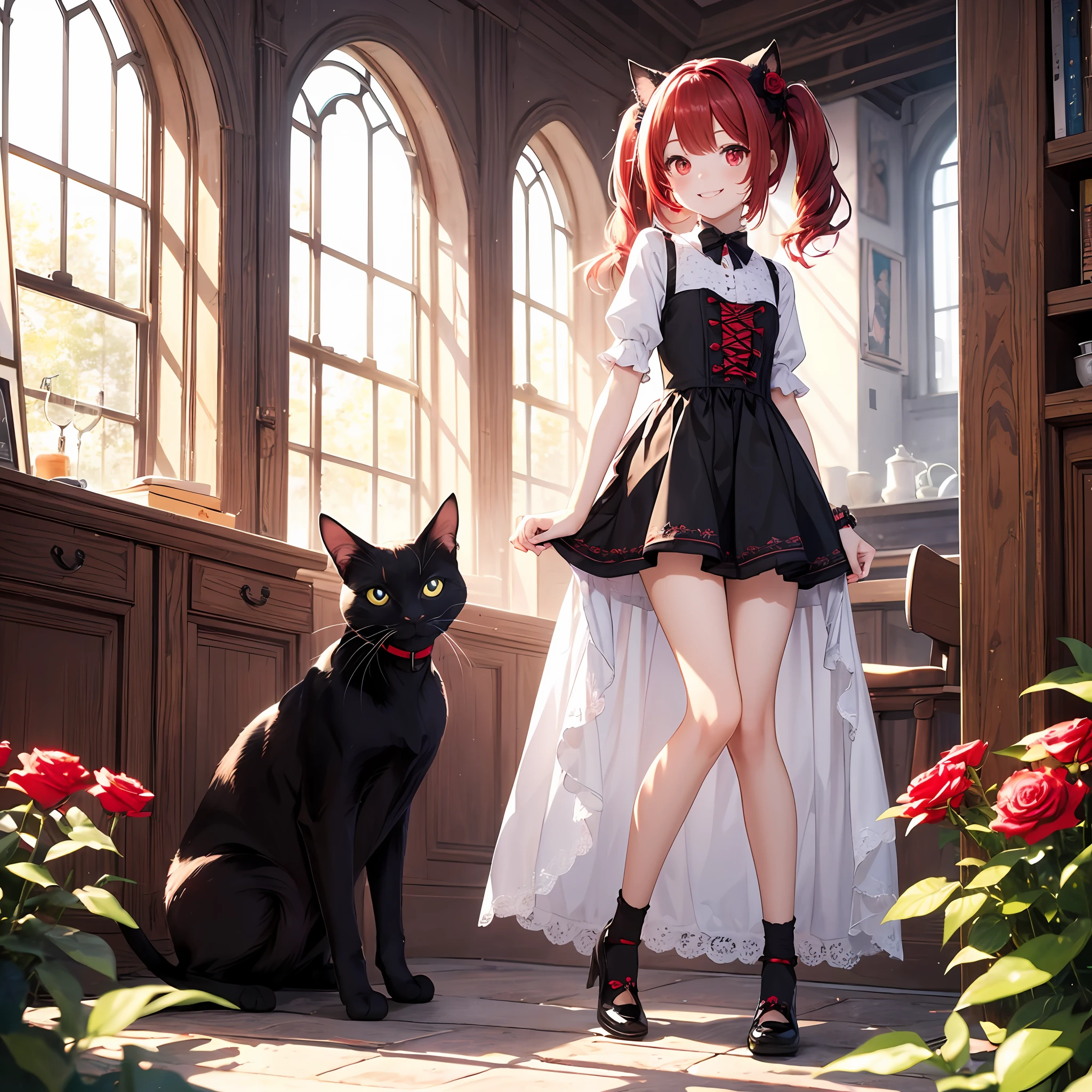 beautiful girl, red hair, lace clothes, two-dimensional illustration, goth loli, sweet loli, half twin tails, knee high socks, big, super cute, (best quality), full body , (masterpiece), (super detailed), one, red eyes, short hair, bright, big eyes, divine, natural light, smile, black cat ears, rose --auto