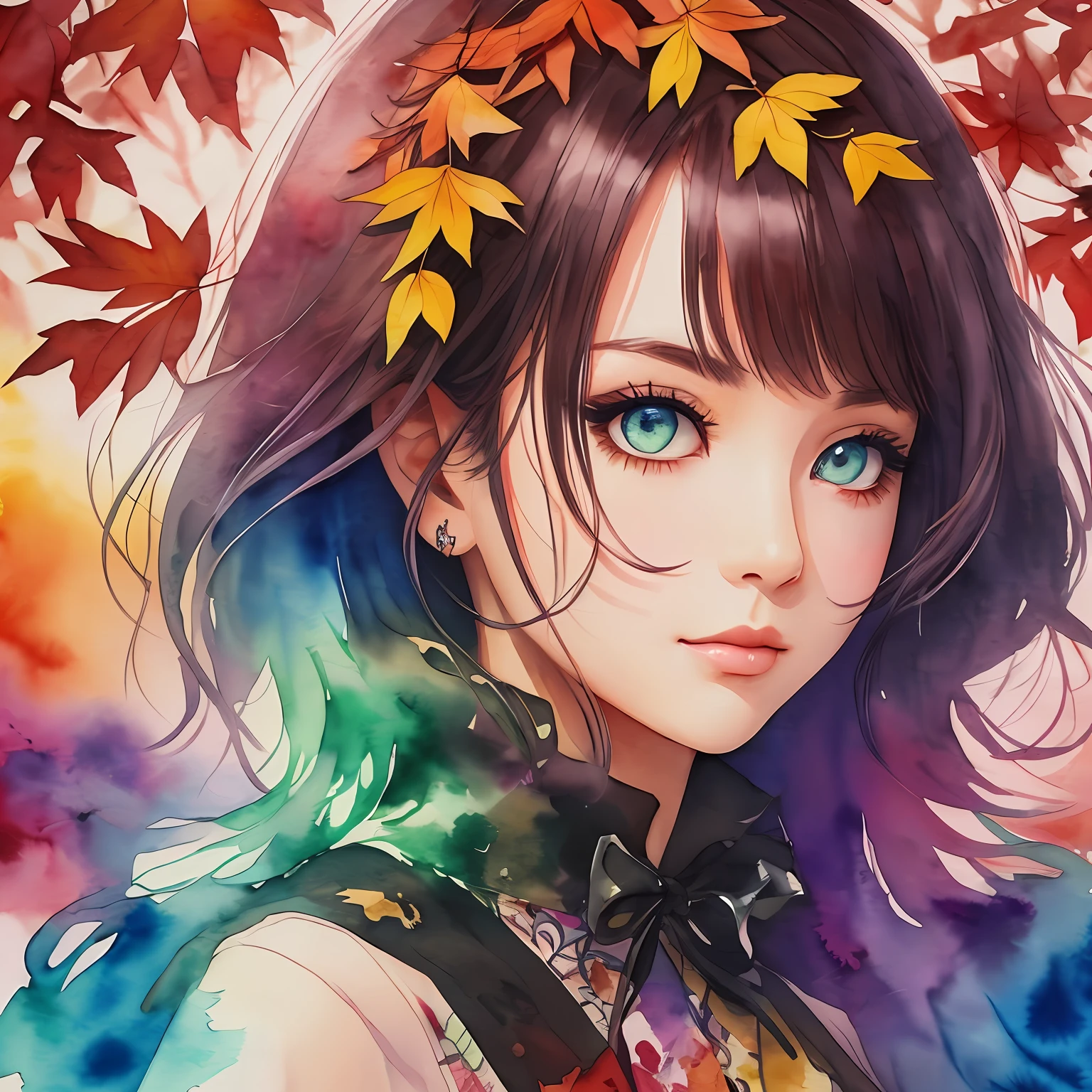 (Best Quality), (Masterpiece: 1.2), (Colorful: 0.9), (Ink Splash), (Color Splash), (Watercolor)), Sharp Focus, (Portrait Summer Goddess: 1.5), Cute Look, Elegant Maroon Haircut, Beautiful and Detailed Face and Eyes, Elegant Clothes, Autumn Forest Background, Colored Water
