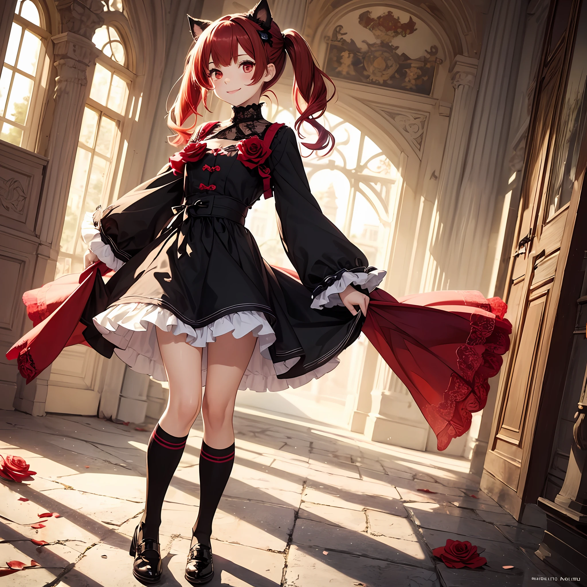 beautiful girl, red hair, lace clothes, two-dimensional illustration, goth loli, sweet loli, half twin tails, knee high socks, big, super cute, (best quality), full body , (masterpiece), (super detailed), one, red eyes, short hair, bright, big eyes, divine, natural light, smile, black cat ears, rose --auto