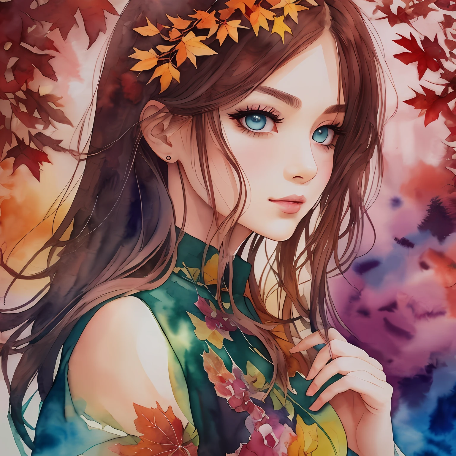(Best Quality), (Masterpiece: 1.2), (Colorful: 0.9), (Ink Splash), (Color Splash), (Watercolor)), Sharp Focus, (Portrait Summer Goddess: 1.5), Cute Look, Elegant Maroon Haircut, Beautiful and Detailed Face and Eyes, Elegant Clothes, Autumn Forest Background, Colored Water