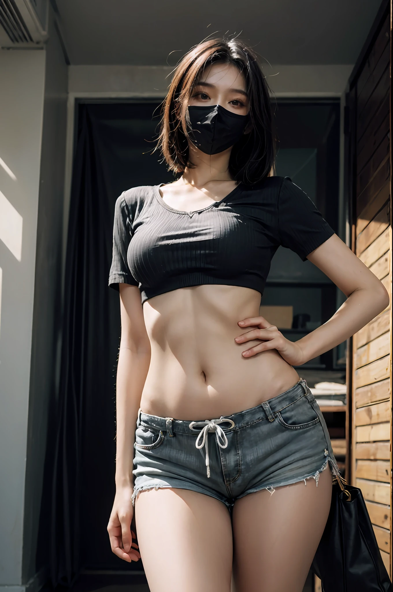 best quality, masterpiece, high resolution, 8K, (realistic: 1.4), super high resolution, 1 girl, super detailed, surreal, highly detailed CG illustration, official art, cinematic light, reality, young beautiful girl, perfect body, perfect body, full viewing angle, perfect body, (from below: 1.3), wearing mask, pose, sexy long legs, confident, beautiful sexy, gray short sleeves, open belly, black super shorts, S-shaped body, hips upturned, posing, posing, different perspectives, Atmospheric distance sense