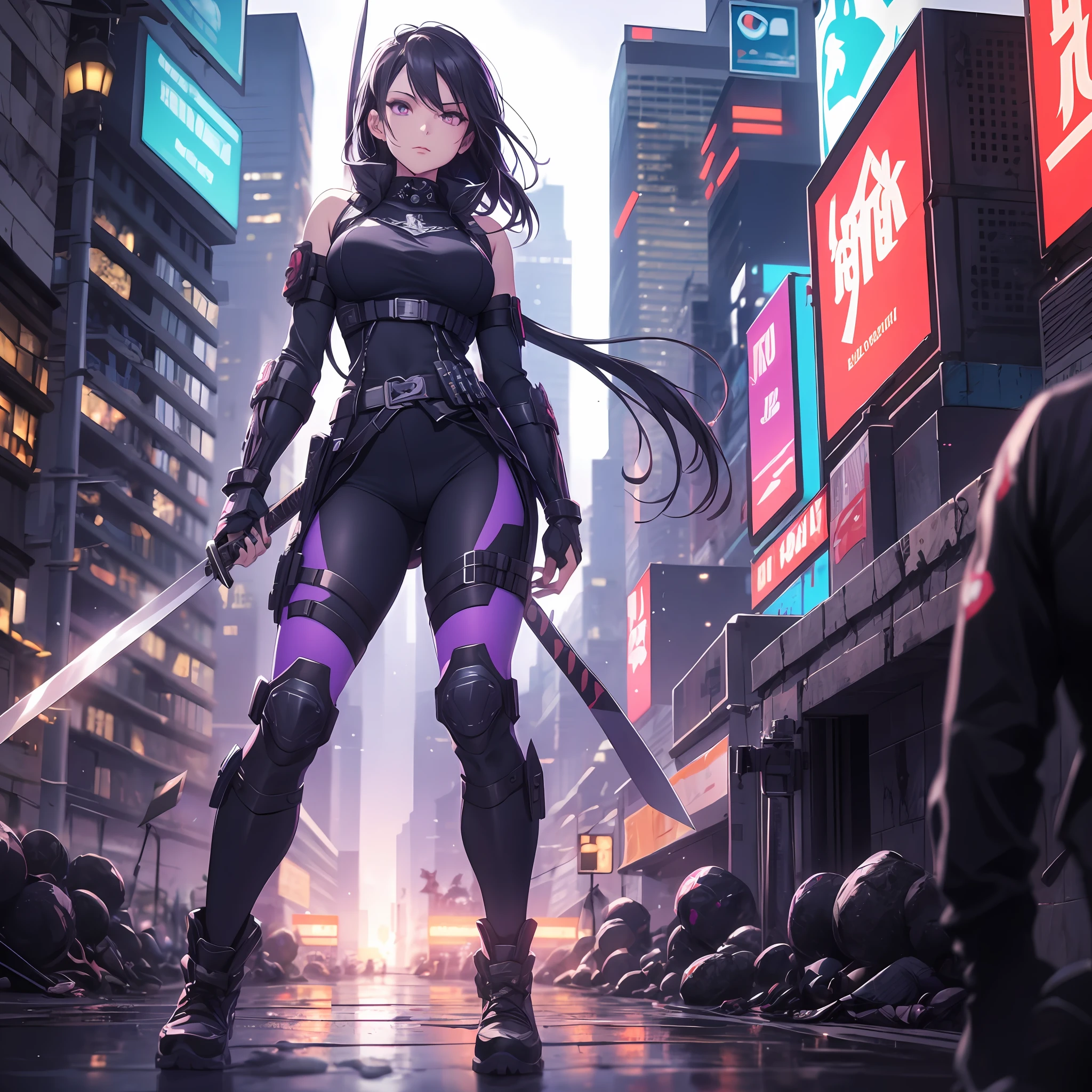 ninja, cyberpunk city background, 1 woman, holding a katana, night, black uniform, katana emanating a black aura with purple, backlighting, reflection light, god rays, blurry, cinematic lighting, motion blur, masterpiece, best quality, masterpiece, super detail, high quality, best quality, 16k, HD, high details