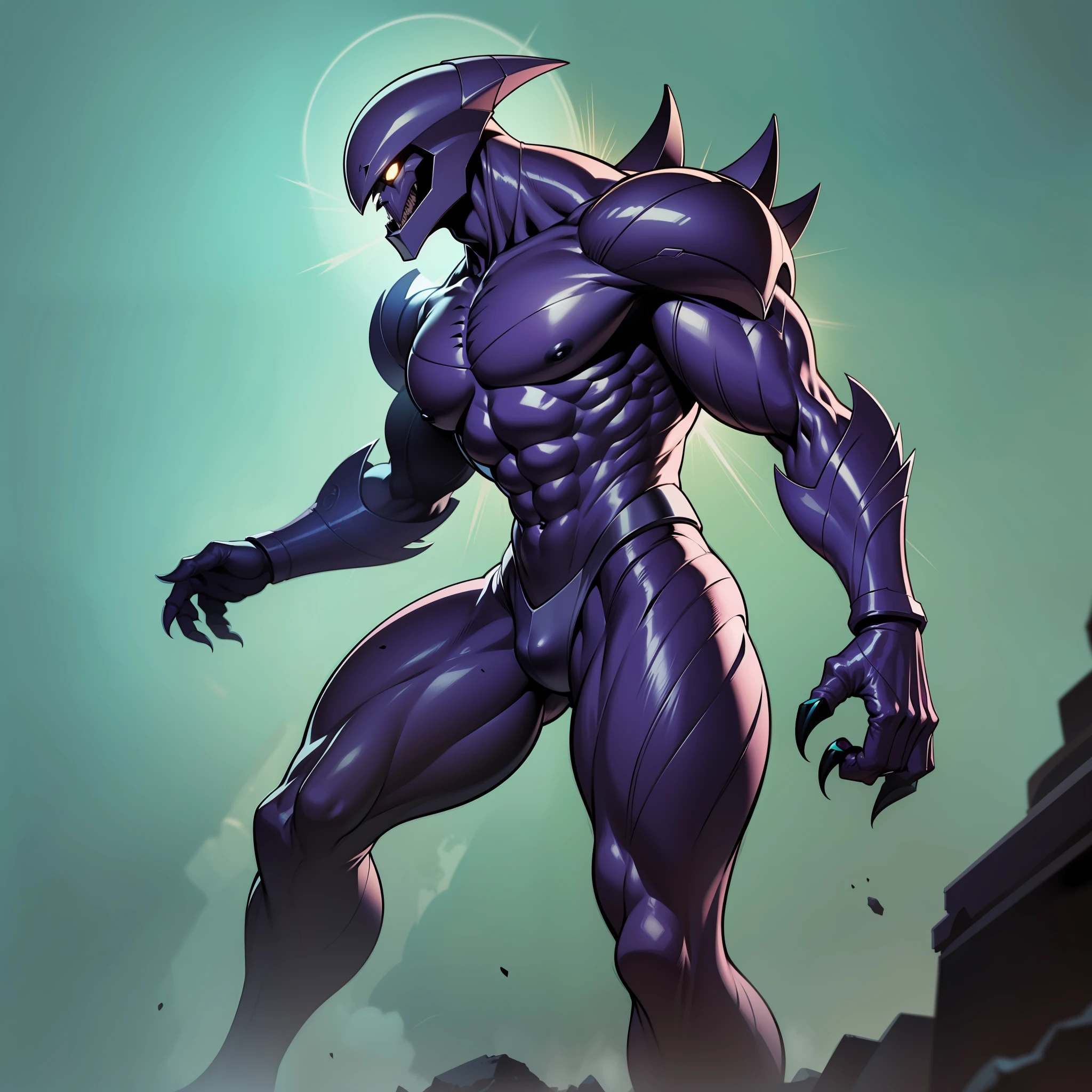 cartoon alien with an unusually developed muscular body, claws and a black body, ferocious, cel-shaded, Guyver style,