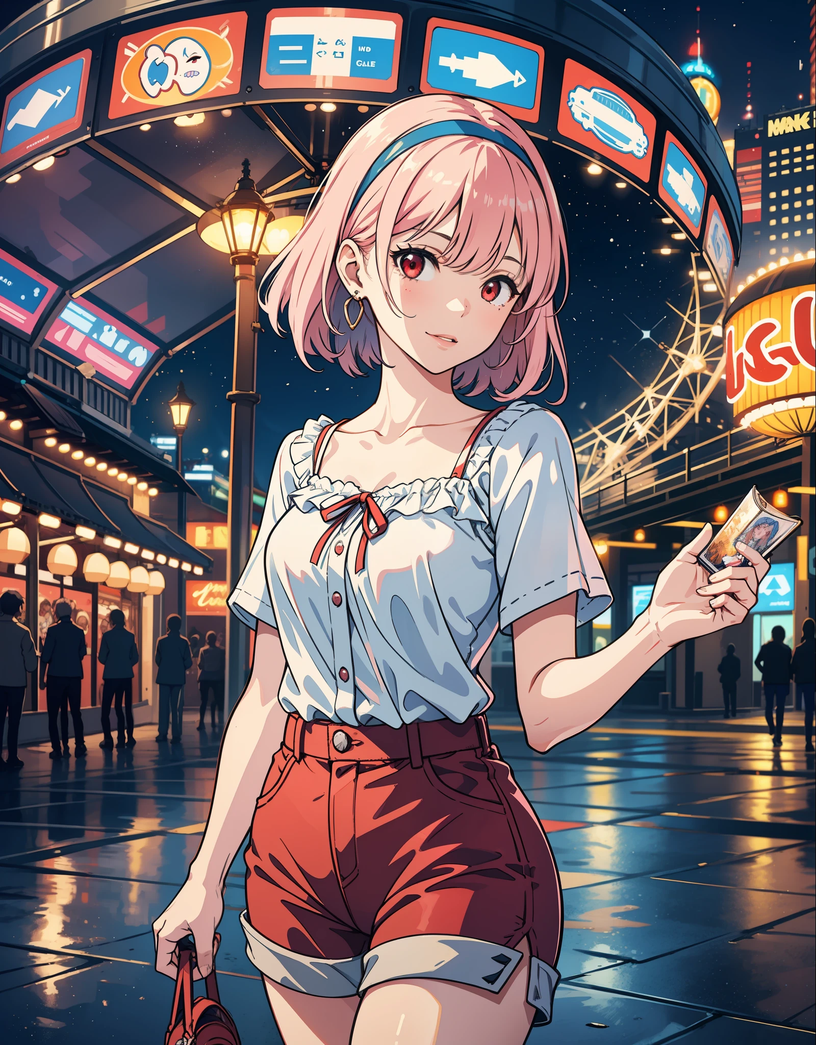 wide shot,(cowboy shot:1.2),(1girl:1.5),(very cute girl),warking,masterpiece,sophisticated creativity,high resolution, anime,8k, (Makoto Shinkai),professional lighting,break,dynamic lighting,super detail skin,complex detail,hyper detail,sharp detail,hi-res,( Delicate facial features:1.3),BREAK,Front,(Wide angle:1.3),(Depth:1.5),(Light transmission),BREAK,Outdoor,Amusement park at night,Ferris wheel,Merry-go-round,Roller coaster,Crescent Moon,laugh:1.1,(Big),BREAK,Big beautiful red eyes,Focus on eyes,Light pink hair,Short sleeved blouse,Hot pants,Hair band, earring