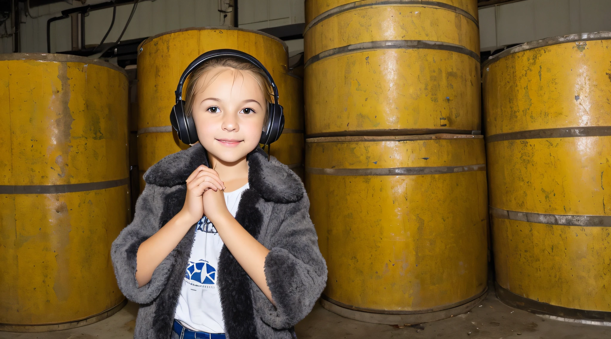 GIRL CHILD BLONDE HAIR, CLOSEUP, RUSSIAN STYLE HEADPHONES, BLACK FUR COAT, a closeup of a large pile of yellow barrels with radioactive symbols, nuclear waste, radioactive wastelands, toxic waste, radioactive particles, nuclear wastelands, radioactive, uranium, nuclear, nuclear fallout, post-nuclear, nuclear fashion, post-nuclear fallout, nuclear energy, future of nuclear energy, nuclear, nuclear art, nuclear reactor, nuclear energy, radiation, toxicity, contaminated
