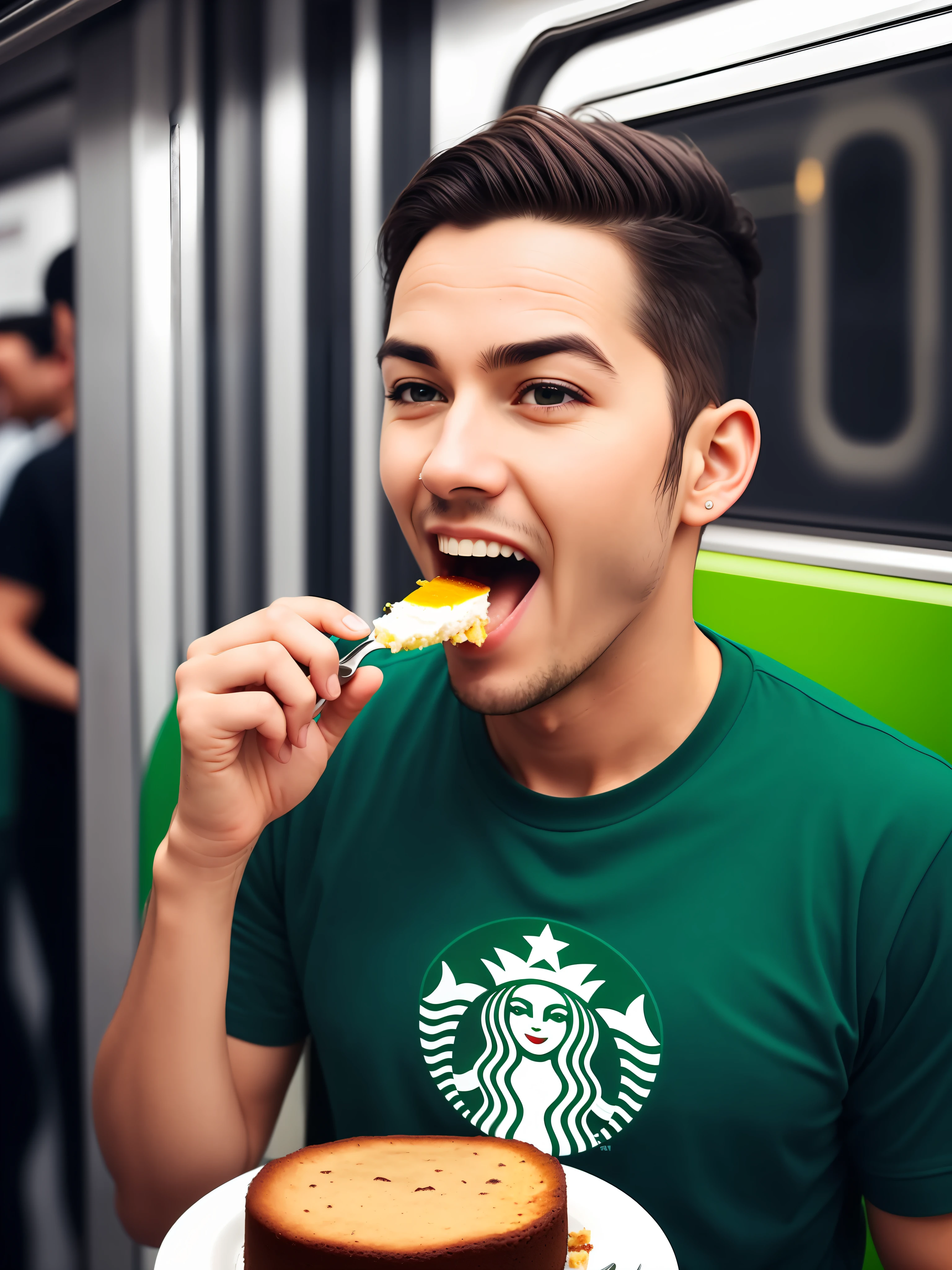 a man is standing in metro train, eating a piece of cake with a fork, eating cakes, with his mouth open, about to consume cake, starbucks tshirt, dark green background, high quality photo, being delighted and cheerful, eating camera pov, (cyborg:1.1), ([tail | detailed wire]:1.3), (intricate details), hdr, (intricate details, hyperdetailed:1.2), cinematic shot, vignette, centered